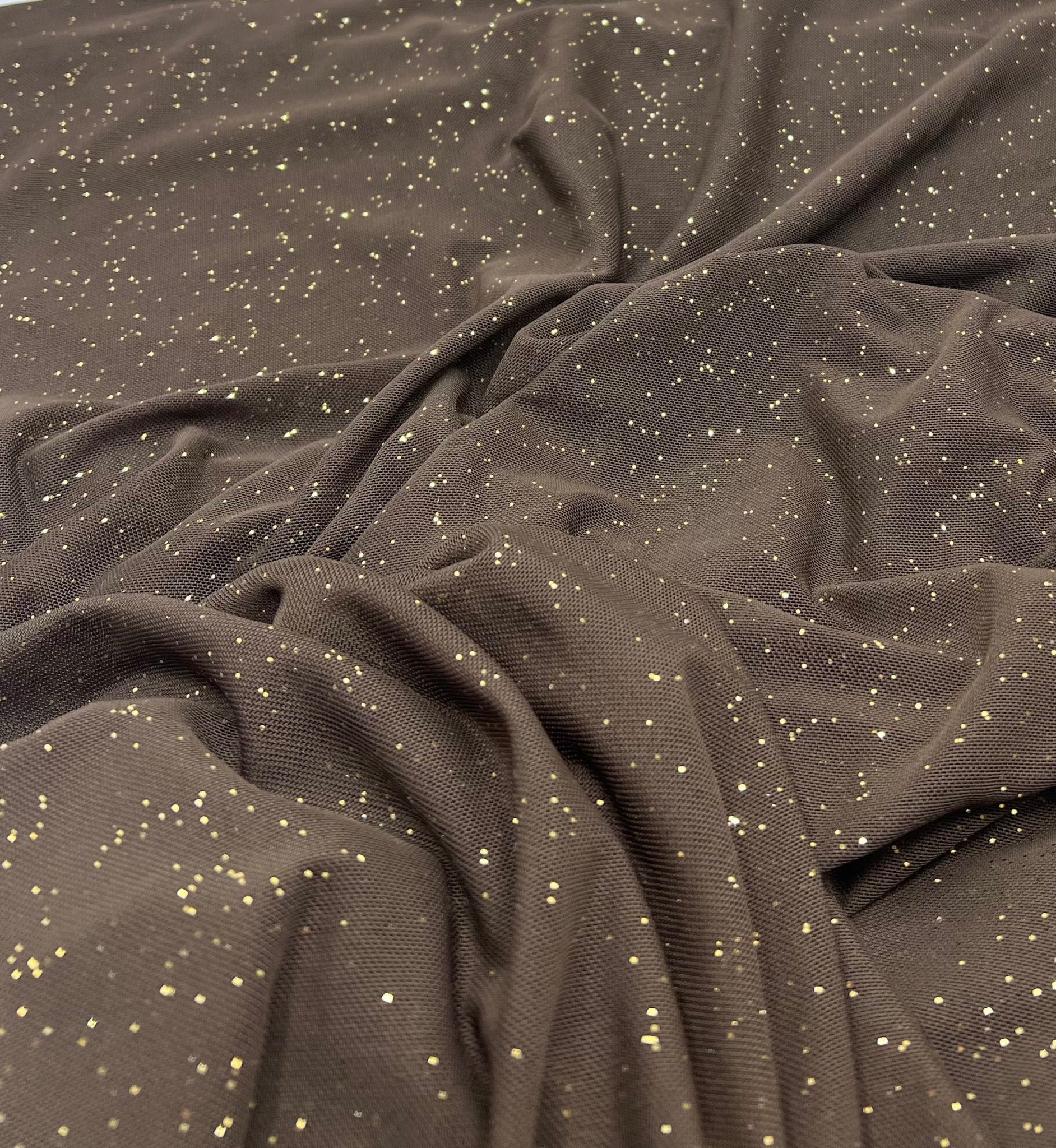 Chocolate Gold Glitter Sparkle Mesh Fabric Stretch - T9 Fabrics