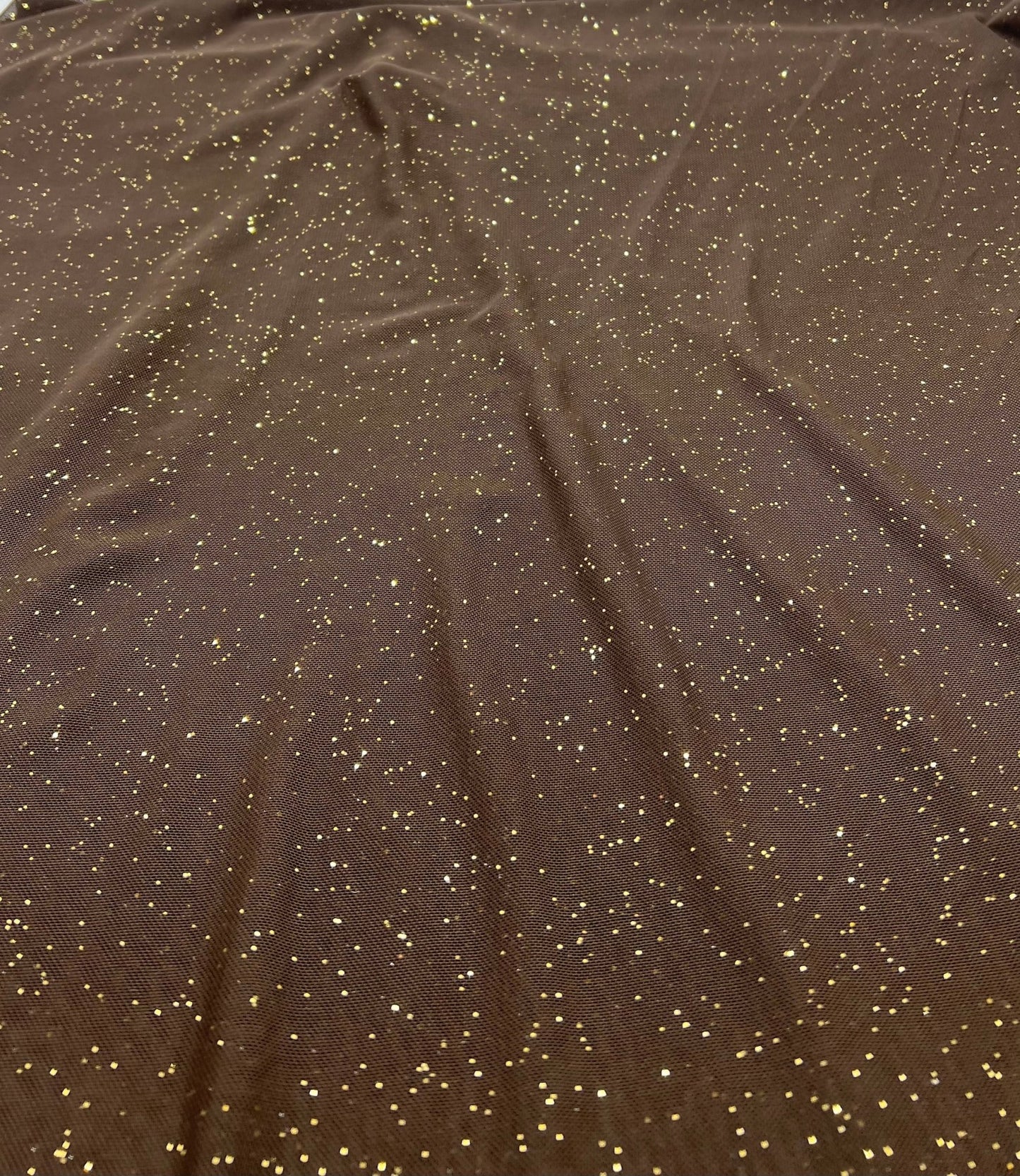 Chocolate Gold Glitter Sparkle Mesh Fabric Stretch - T9 Fabrics