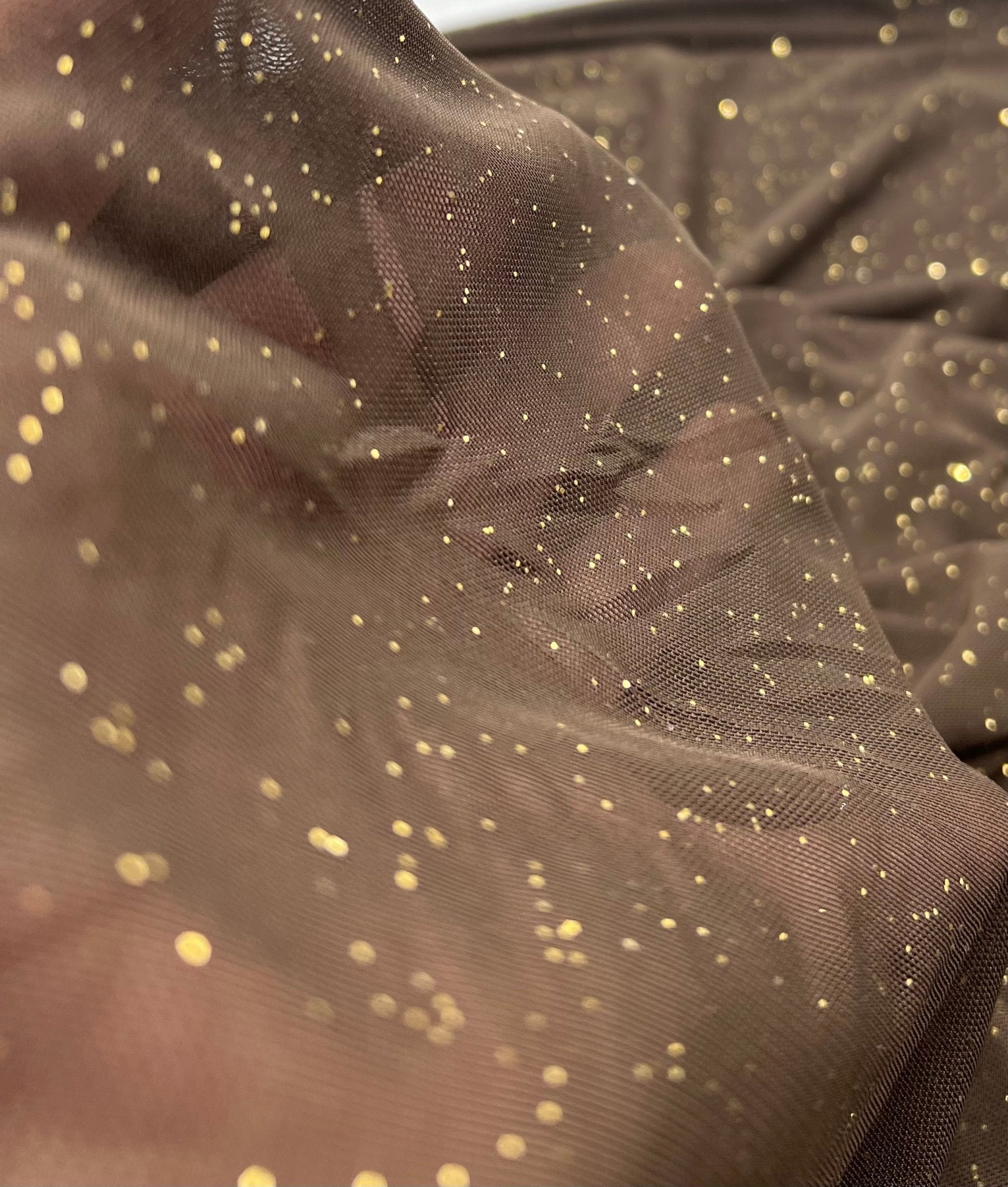 Chocolate Gold Glitter Sparkle Mesh Fabric Stretch - T9 Fabrics