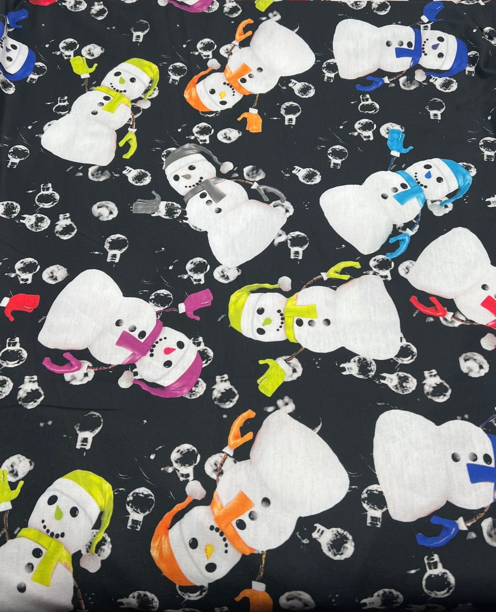 Colorful Scarves Snowman Print Soft Spun Poly Stretch Fabric - T9 Fabrics