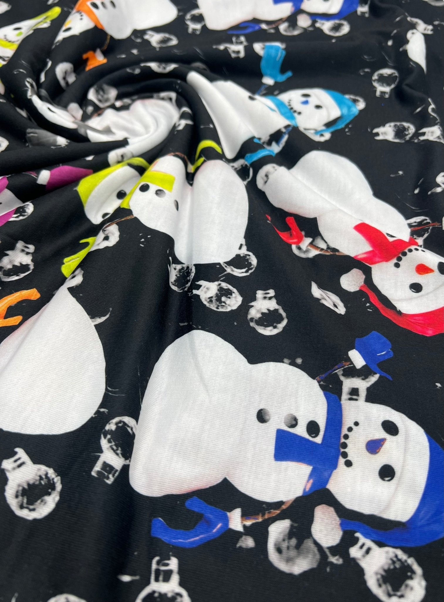 Colorful Scarves Snowman Print Soft Spun Poly Stretch Fabric - T9 Fabrics