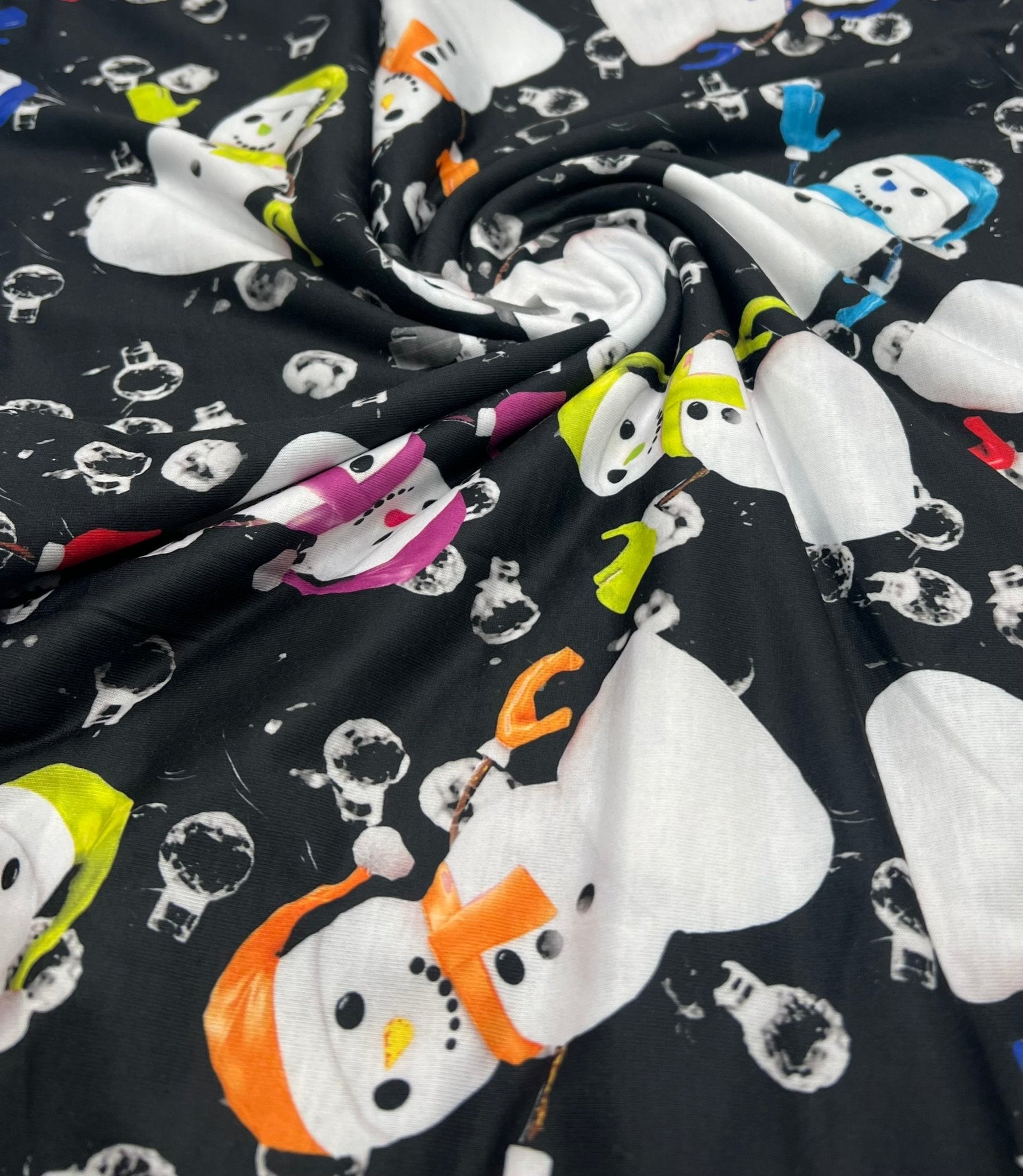Colorful Scarves Snowman Print Soft Spun Poly Stretch Fabric - T9 Fabrics