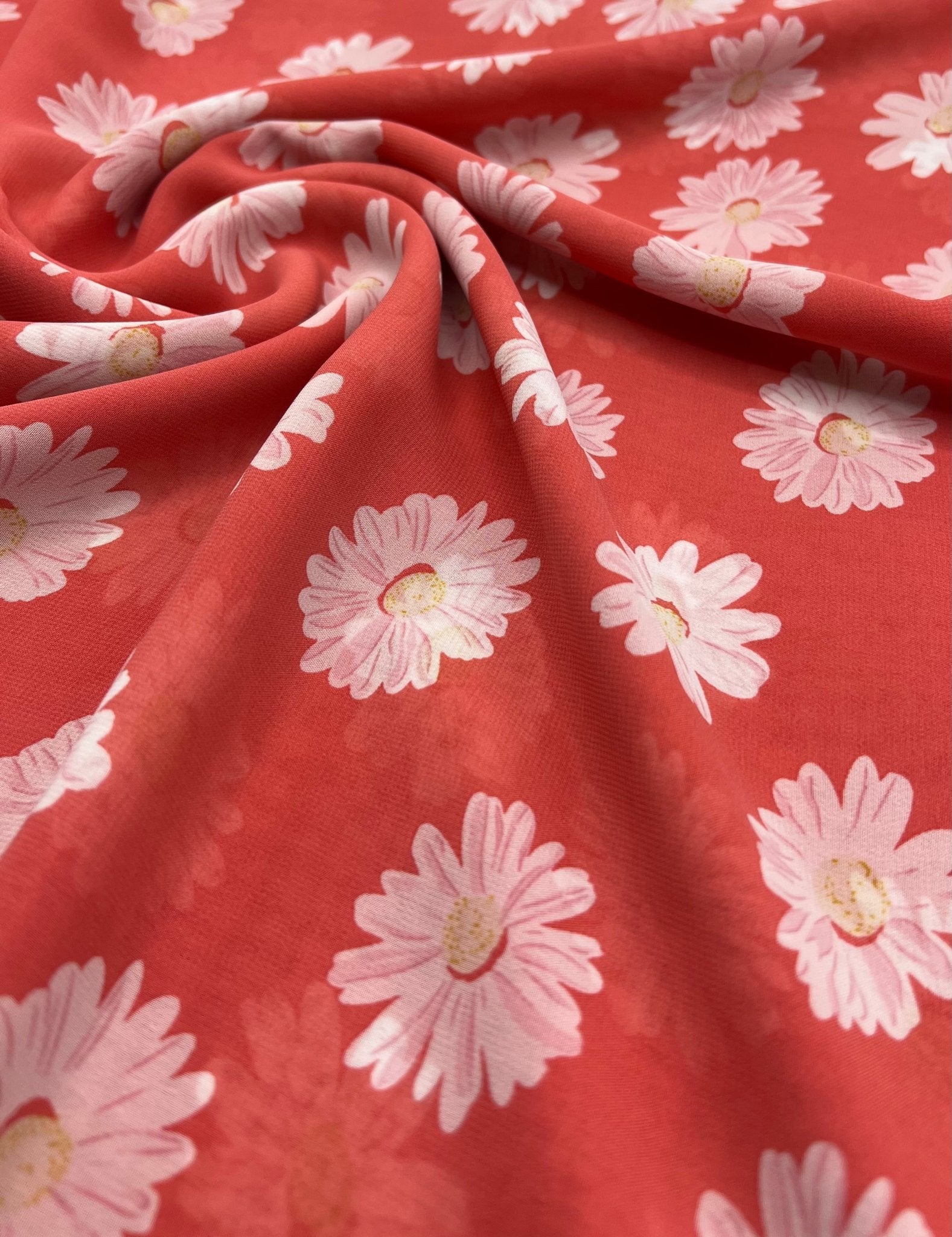 Coral Daisy Floral Printed Chiffon Dress Fabric - T9 Fabrics