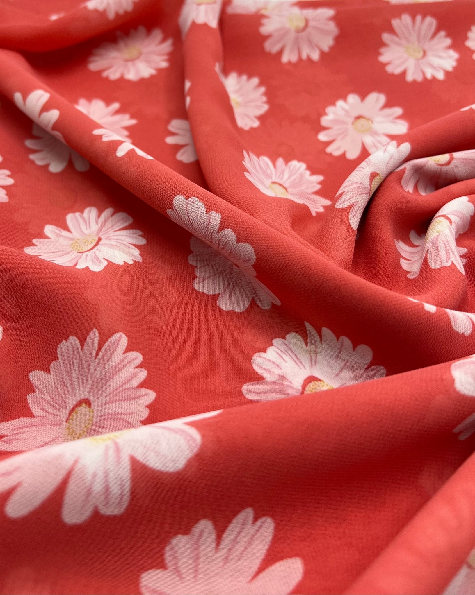 Coral Daisy Floral Printed Chiffon Dress Fabric - T9 Fabrics