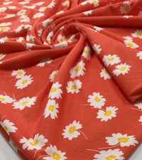 Coral Orange Floral Print Spun Poly Stretch Fabric - T9 Fabrics