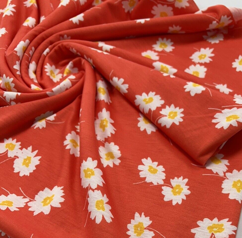 Coral Orange Floral Print Spun Poly Stretch Fabric - T9 Fabrics