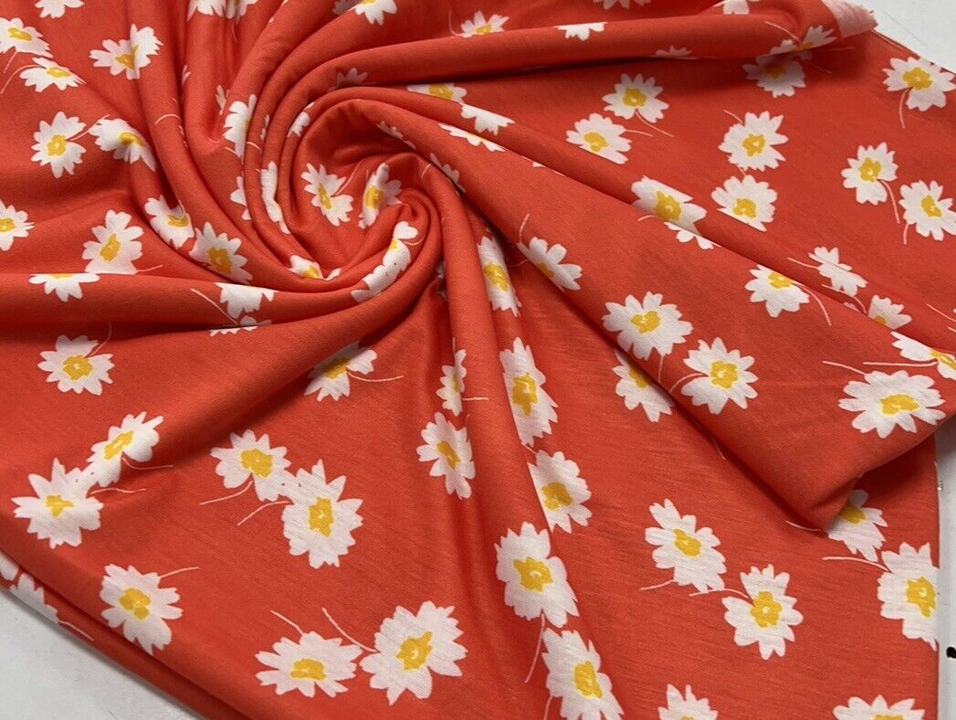 Coral Orange Floral Print Spun Poly Stretch Fabric - T9 Fabrics