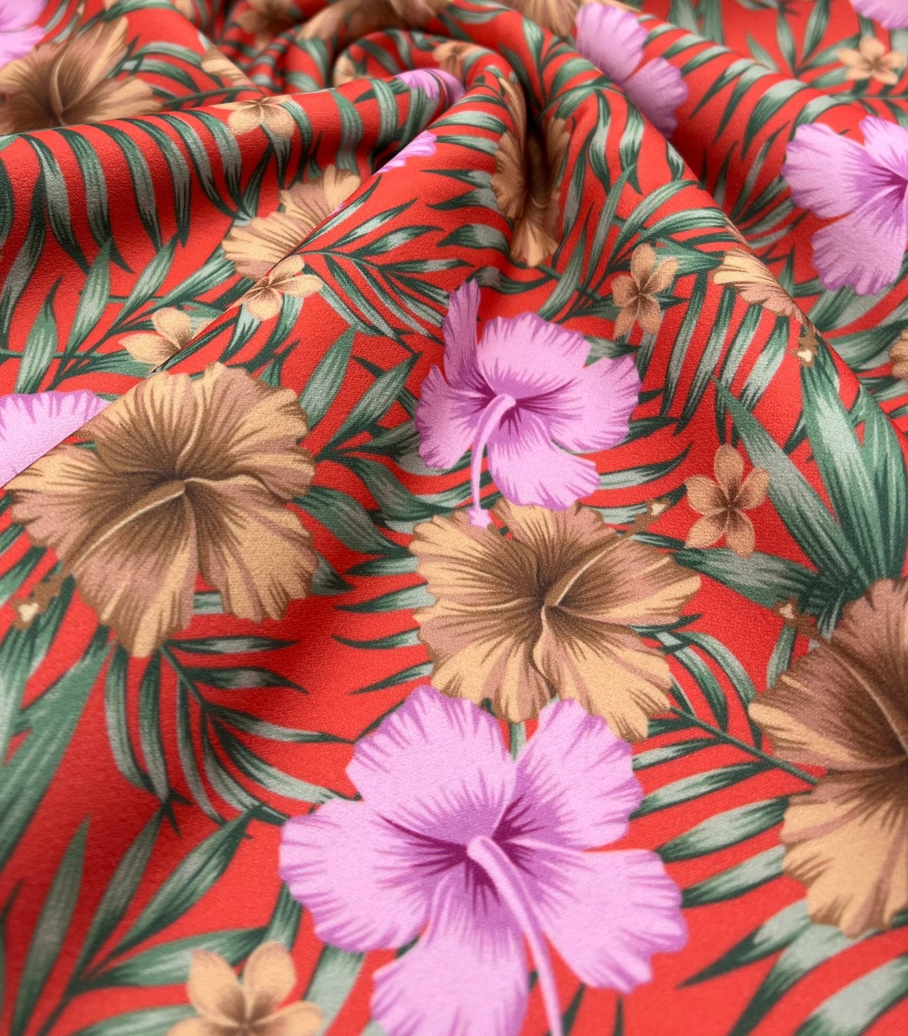 Coral Pink Floral Printed Scuba Crepe Jersey Fabric 4 Way Stretch - T9 Fabrics