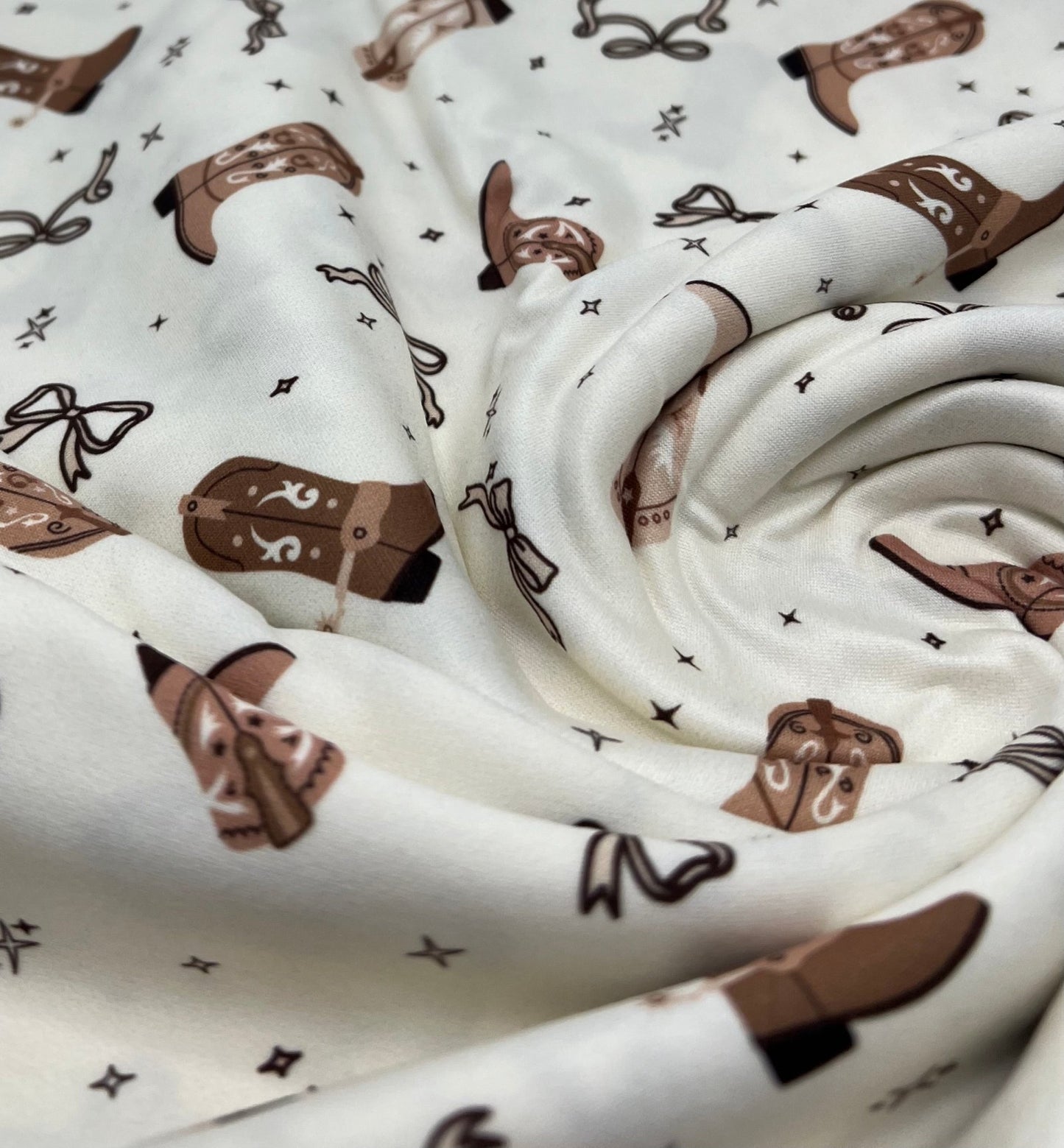 Cream Cowgirl Boot Super Soft Print Spun Poly Stretch Fabric - T9 Fabrics