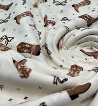 Cream Cowgirl Boot Super Soft Print Spun Poly Stretch Fabric - T9 Fabrics