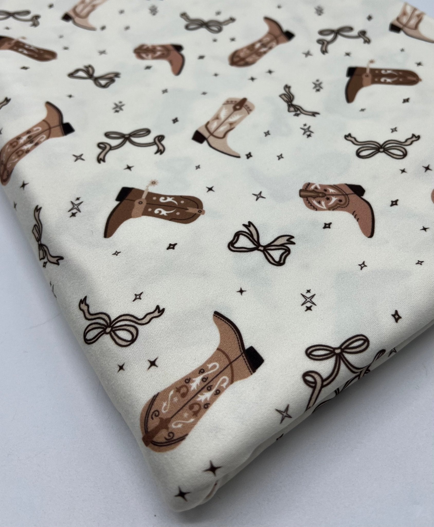 Cream Cowgirl Boot Super Soft Print Spun Poly Stretch Fabric - T9 Fabrics