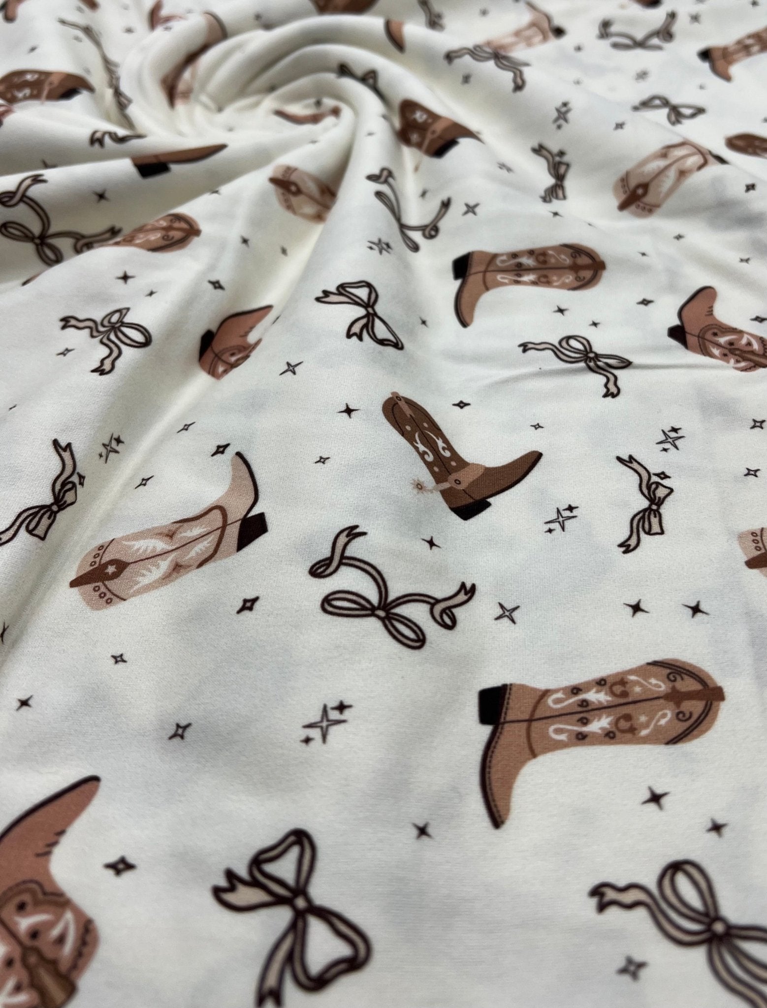 Cream Cowgirl Boot Super Soft Print Spun Poly Stretch Fabric - T9 Fabrics