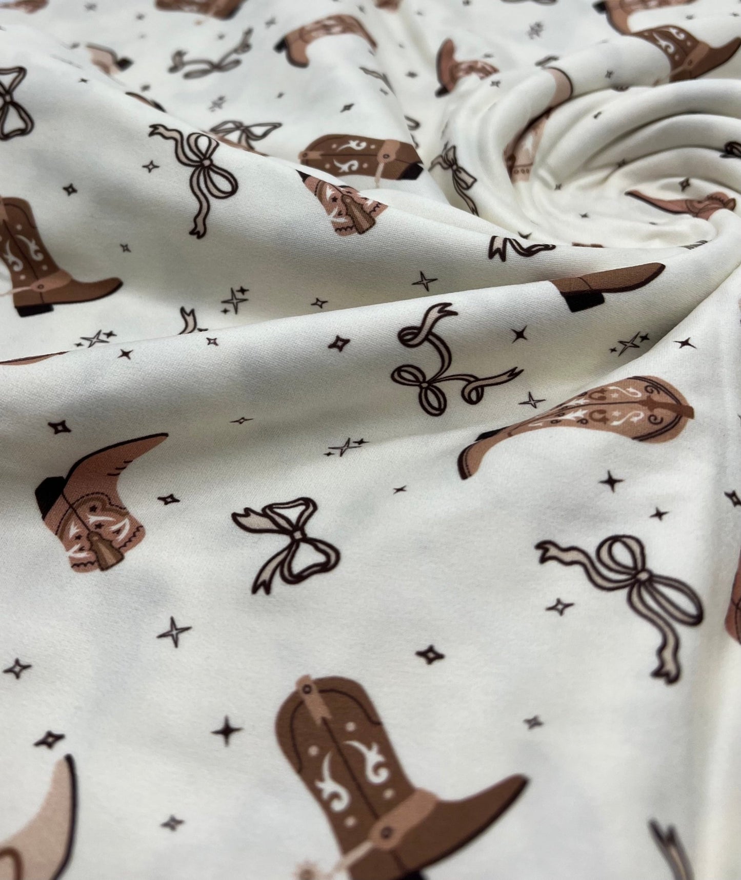 Cream Cowgirl Boot Super Soft Print Spun Poly Stretch Fabric - T9 Fabrics