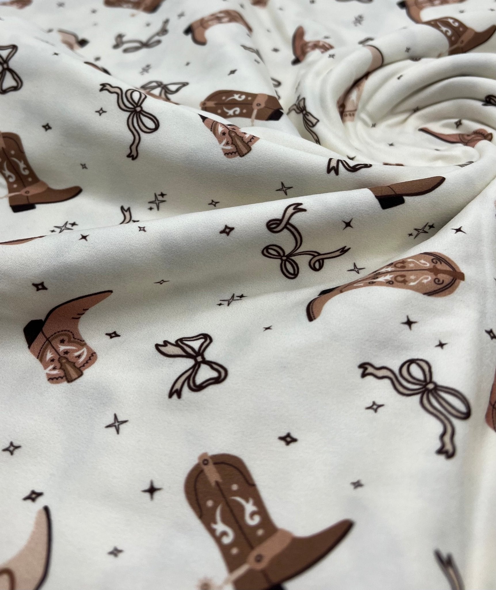 Cream Cowgirl Boot Super Soft Print Spun Poly Stretch Fabric - T9 Fabrics