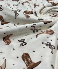 Cream Cowgirl Boot Super Soft Print Spun Poly Stretch Fabric - T9 Fabrics