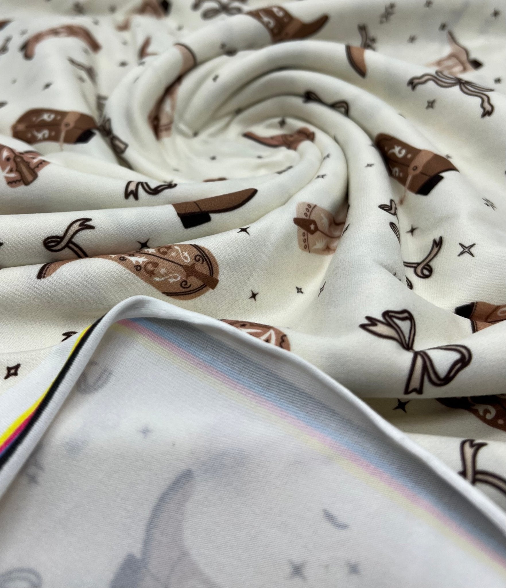 Cream Cowgirl Boot Super Soft Print Spun Poly Stretch Fabric - T9 Fabrics