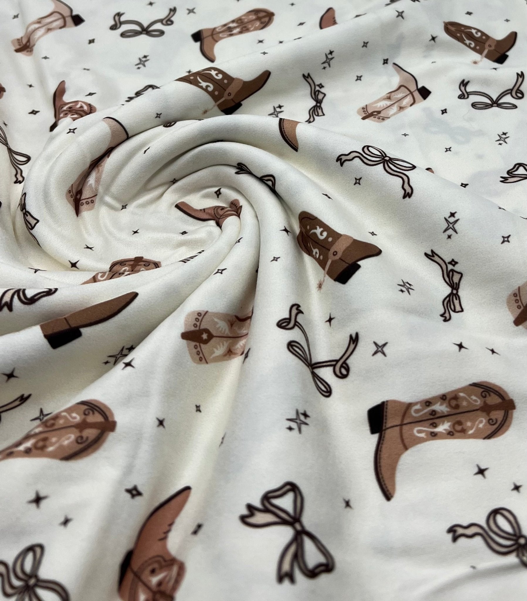 Cream Cowgirl Boot Super Soft Print Spun Poly Stretch Fabric - T9 Fabrics
