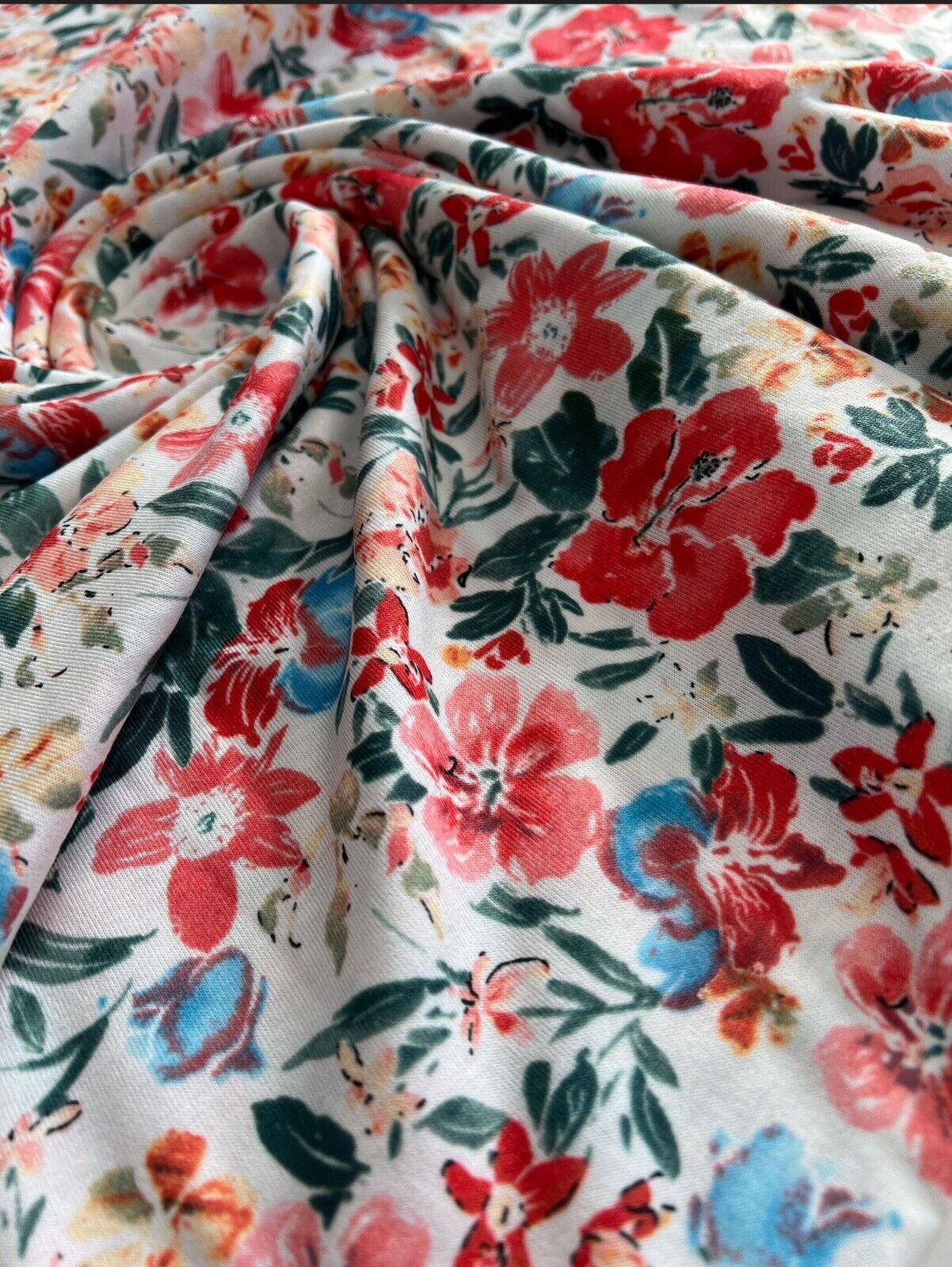 Cream Red Coral Floral Print Polyester Stretch Jersey - T9 Fabrics