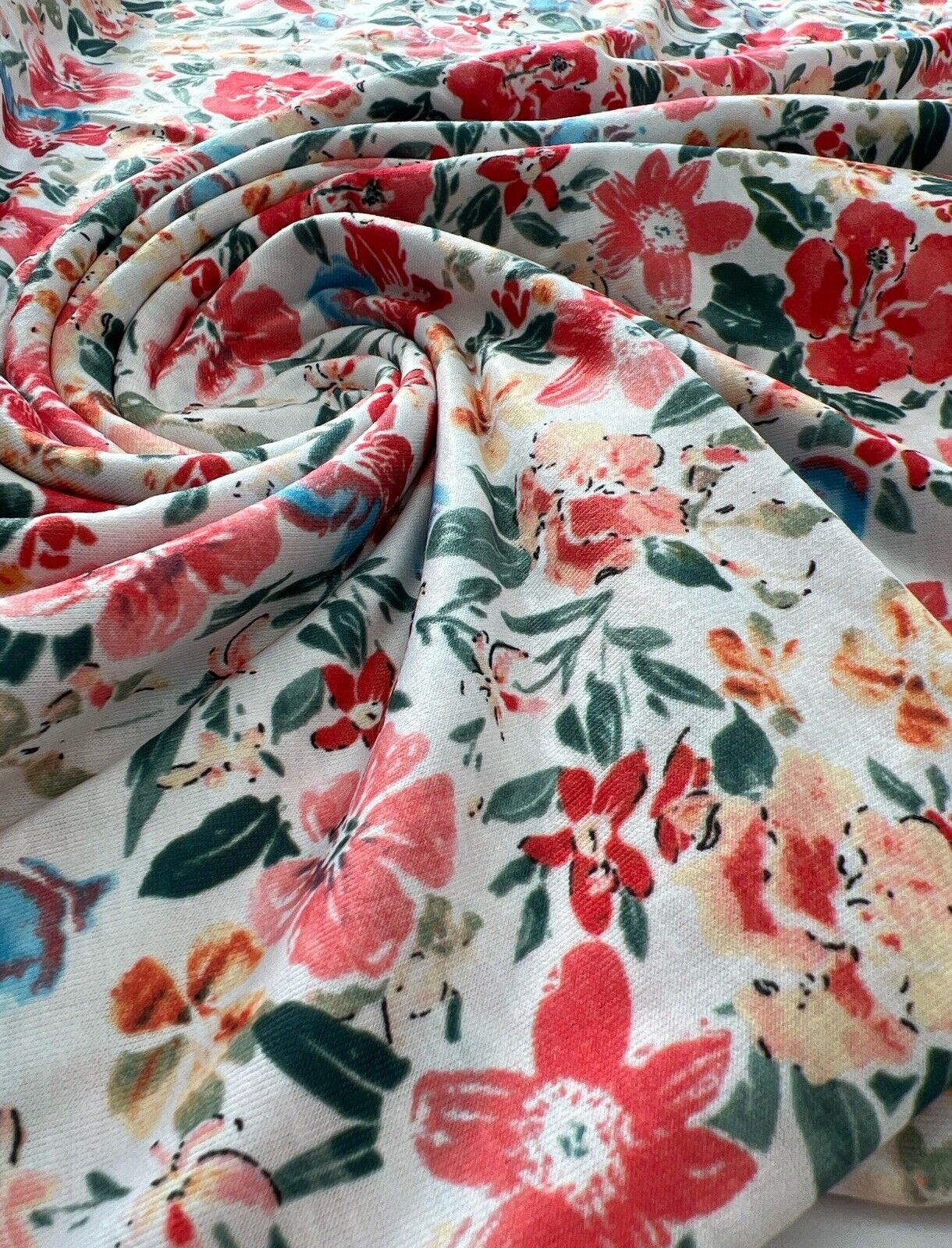 Cream Red Coral Floral Print Polyester Stretch Jersey - T9 Fabrics