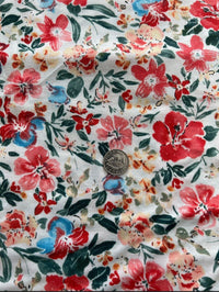 Cream Red Coral Floral Print Polyester Stretch Jersey - T9 Fabrics