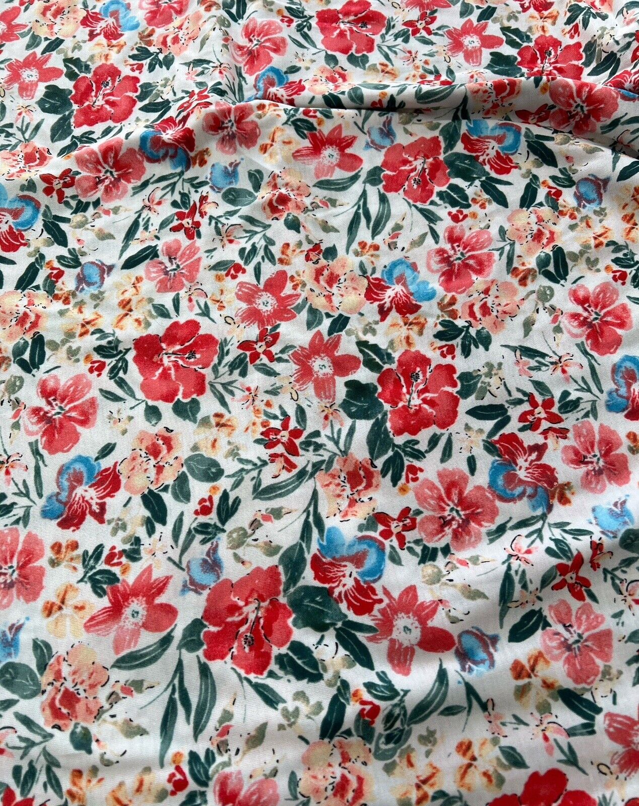 Cream Red Coral Floral Print Polyester Stretch Jersey - T9 Fabrics