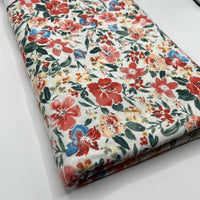 Cream Red Coral Floral Print Polyester Stretch Jersey - T9 Fabrics