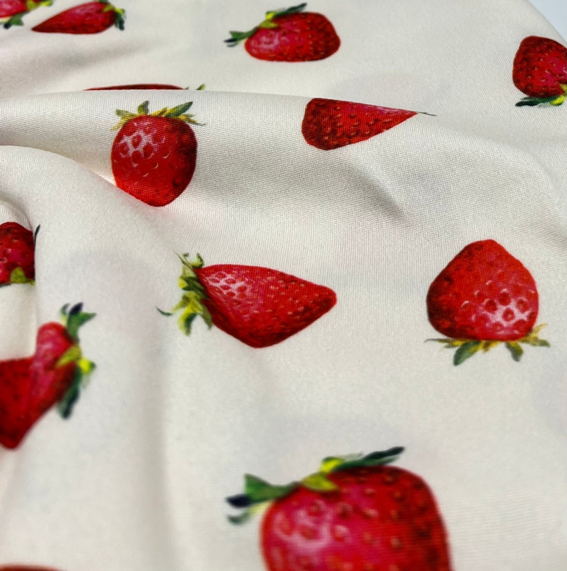 Cream Strawberry's Super Soft Print Spun Poly Stretch Fabric - T9 Fabrics