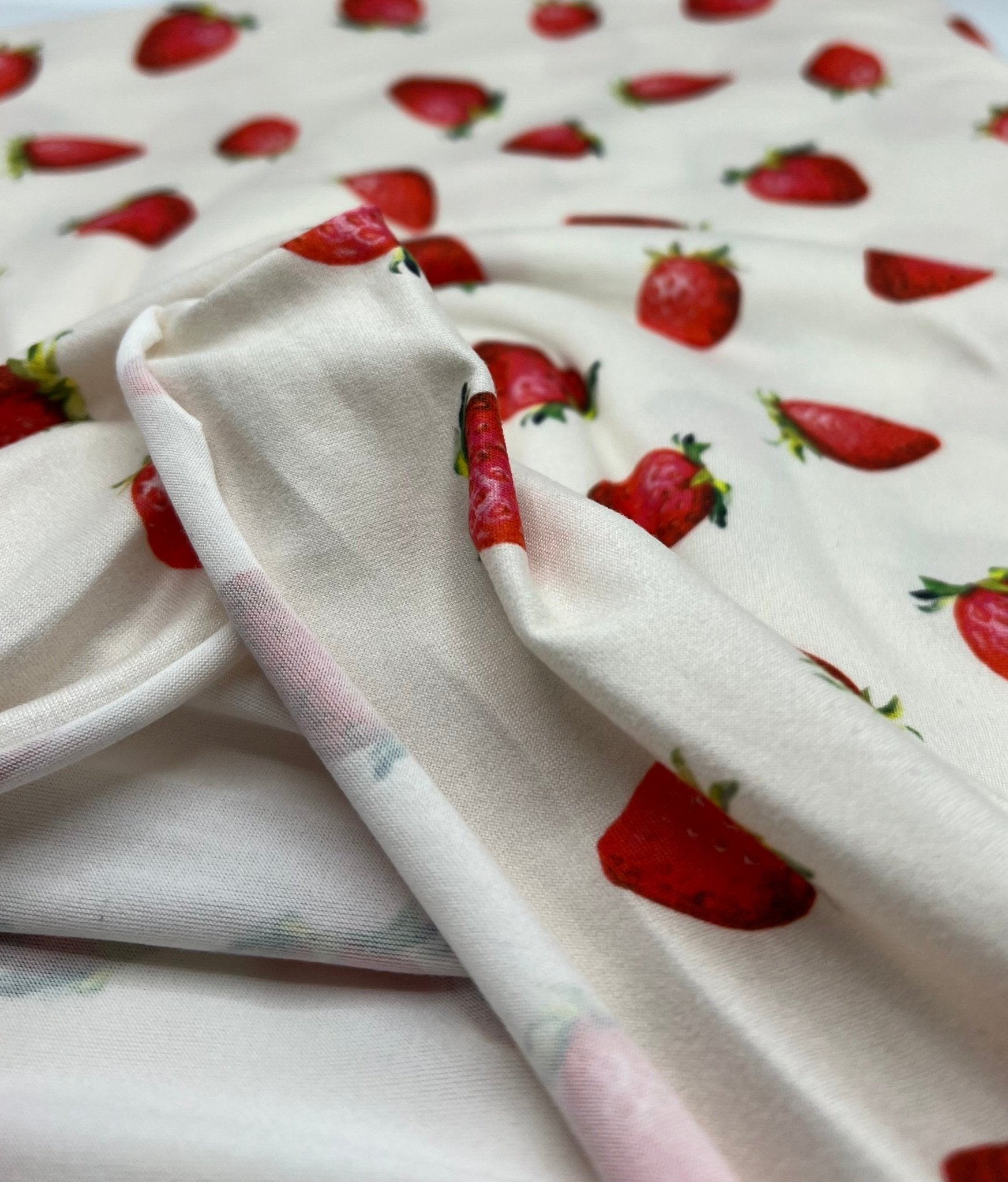 Cream Strawberry's Super Soft Print Spun Poly Stretch Fabric - T9 Fabrics
