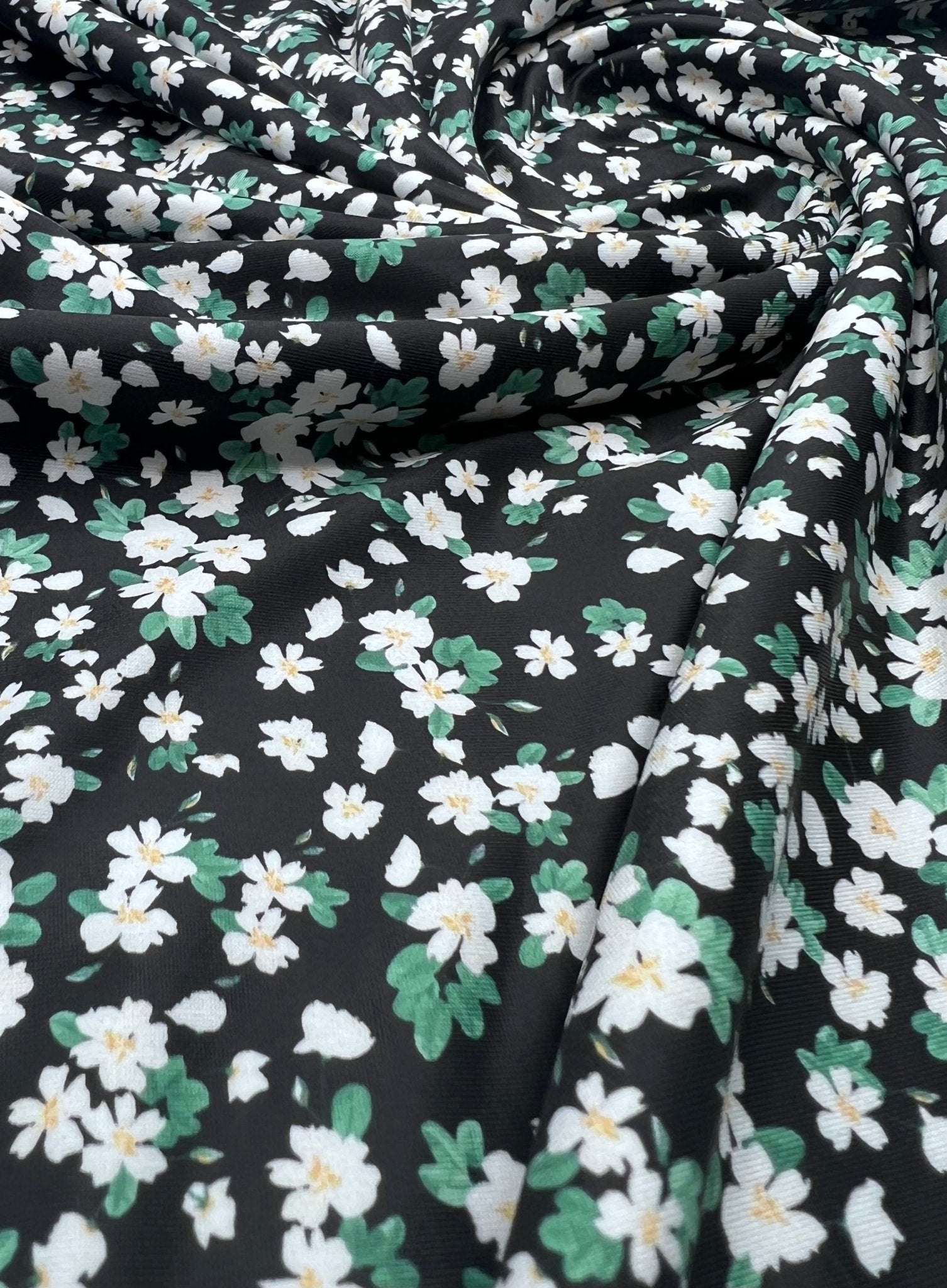 Daisy Print On Black Floral Print Soft Touch Stretch Fabric - T9 Fabrics