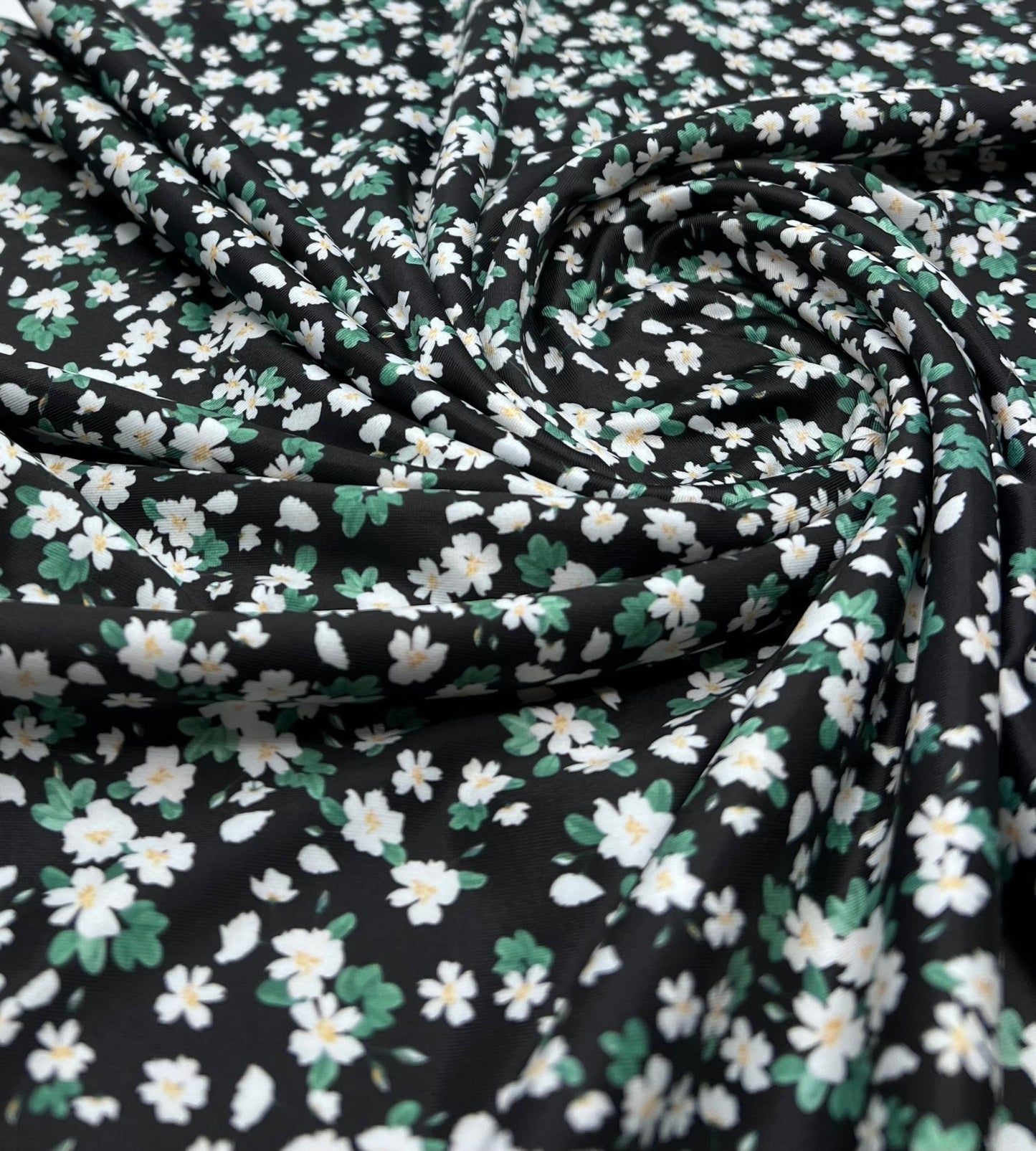 Daisy Print On Black Floral Print Soft Touch Stretch Fabric - T9 Fabrics