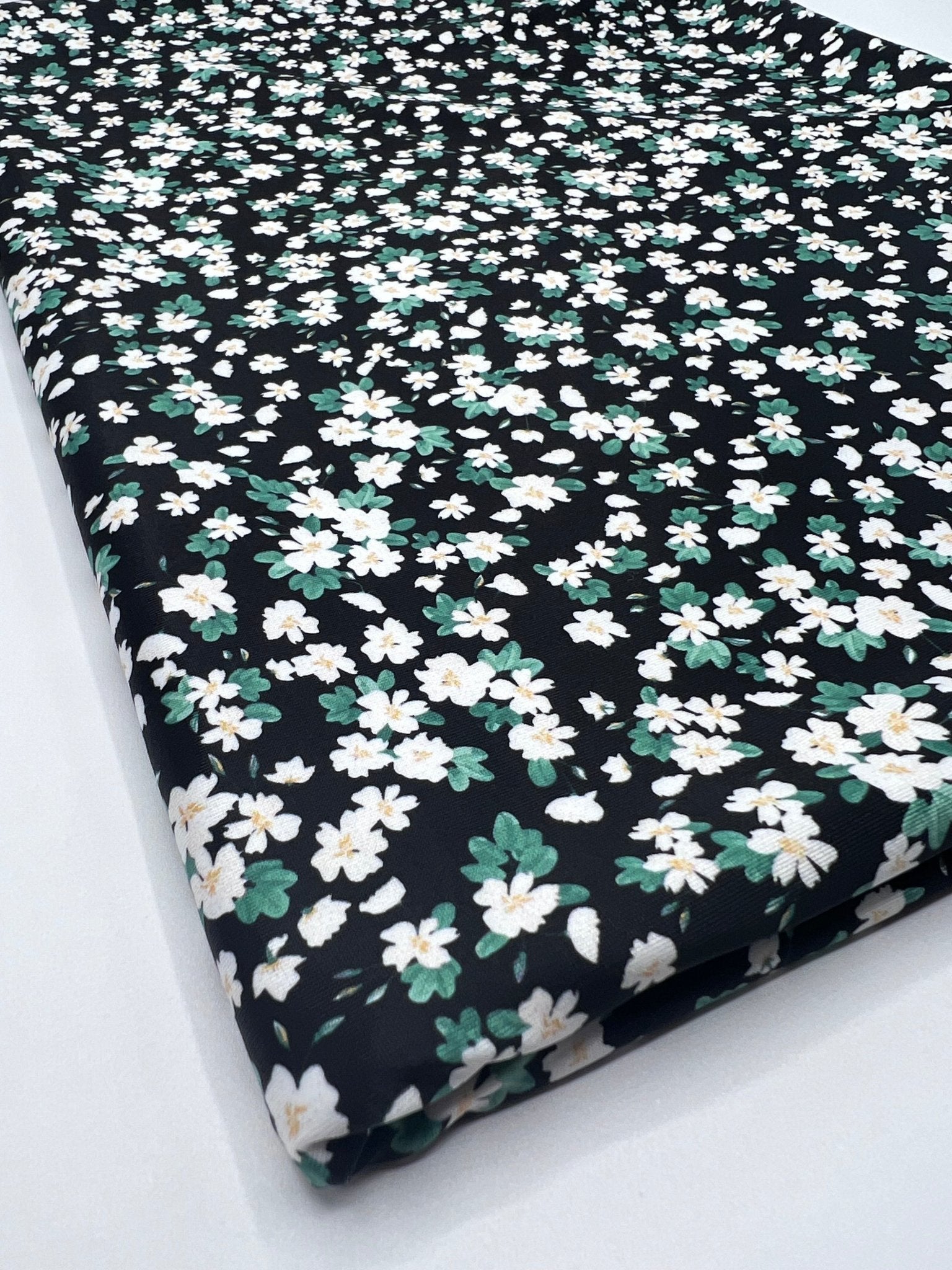 Daisy Print On Black Floral Print Soft Touch Stretch Fabric - T9 Fabrics