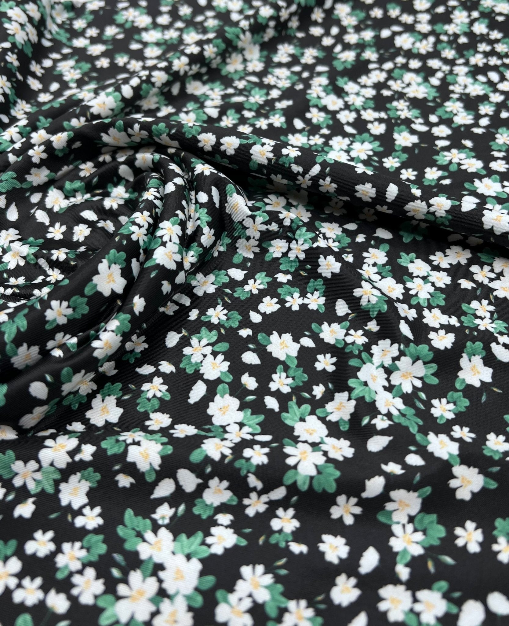 Daisy Print On Black Floral Print Soft Touch Stretch Fabric - T9 Fabrics