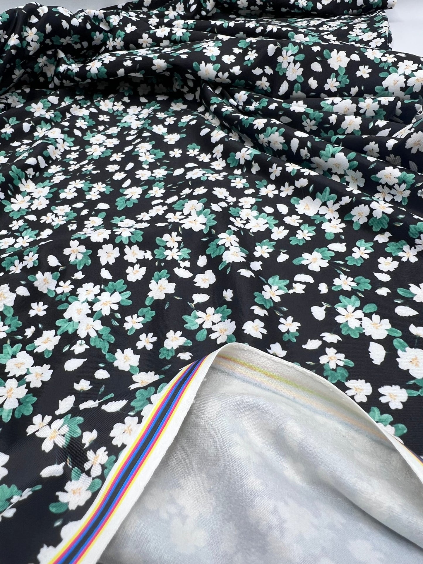 Daisy Print On Black Floral Print Soft Touch Stretch Fabric - T9 Fabrics