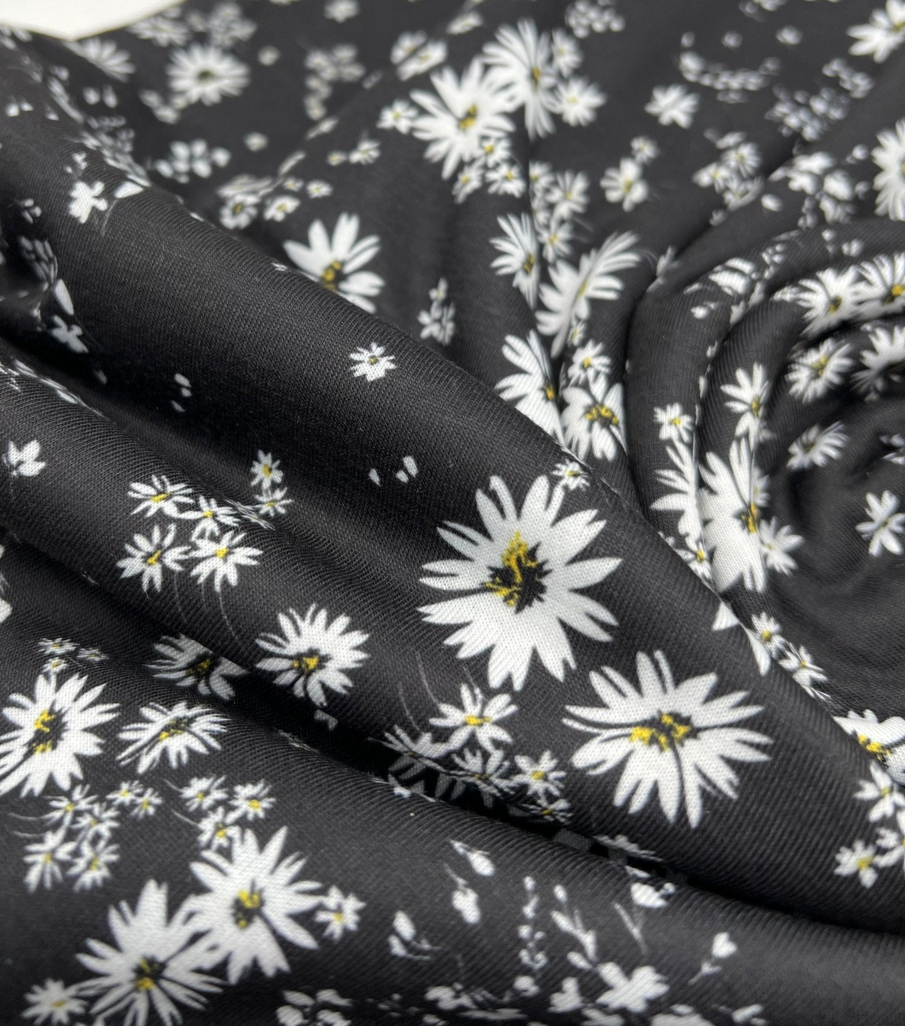 Daisy white black Print Spun Poly Stretch Fabric - T9 Fabrics