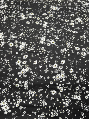 Daisy white black Print Spun Poly Stretch Fabric - T9 Fabrics