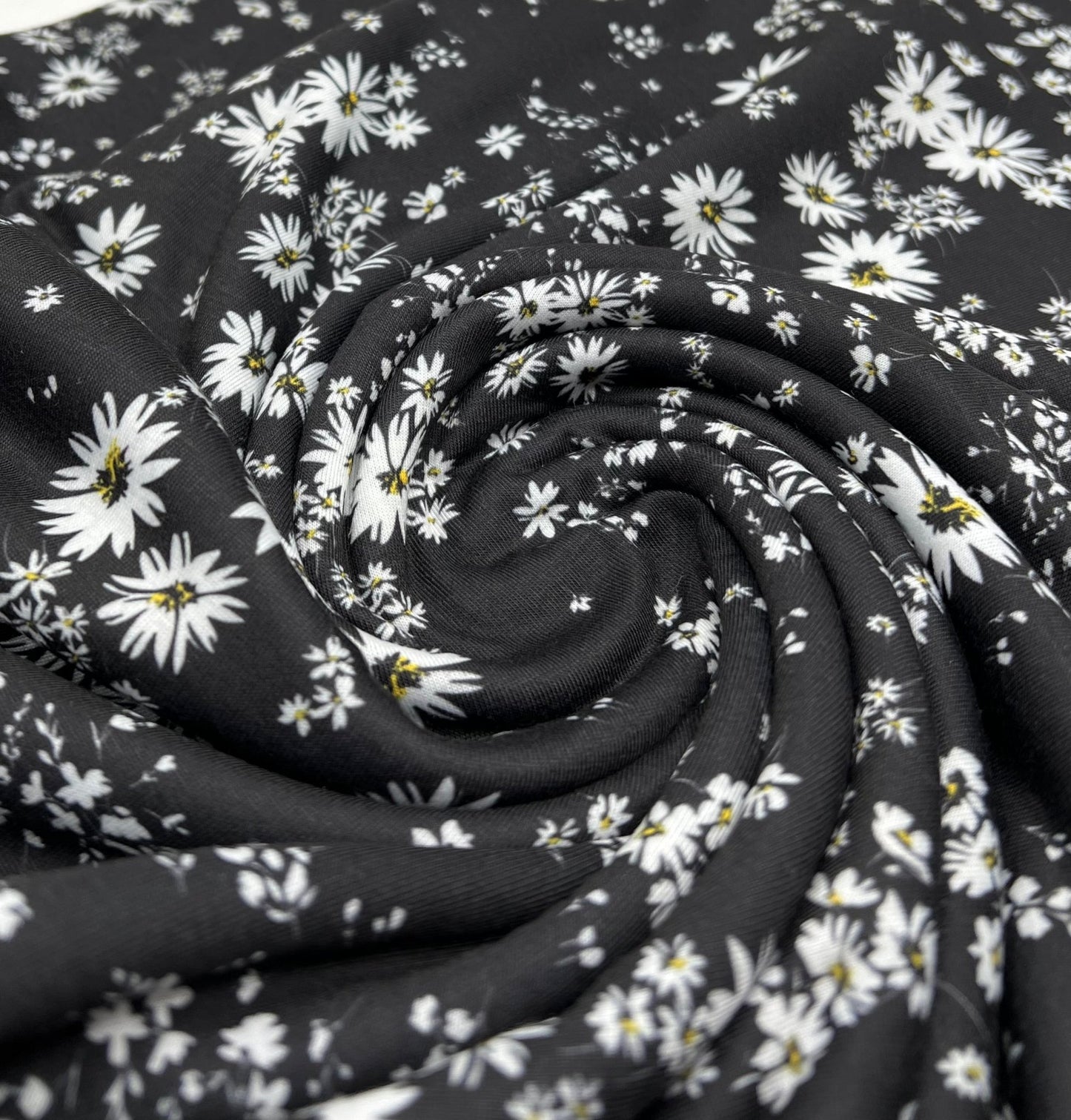 Daisy white black Print Spun Poly Stretch Fabric - T9 Fabrics