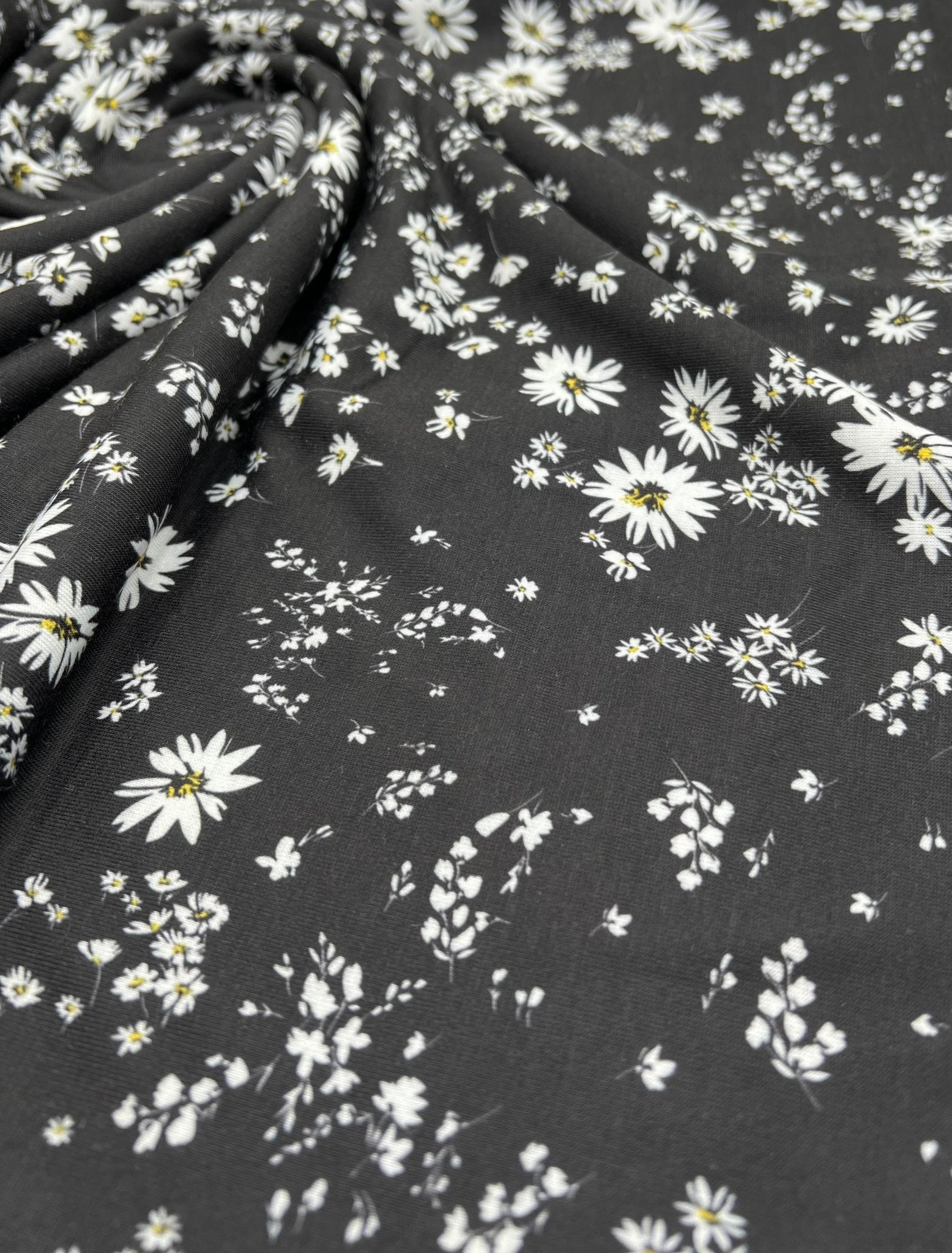 Daisy white black Print Spun Poly Stretch Fabric - T9 Fabrics