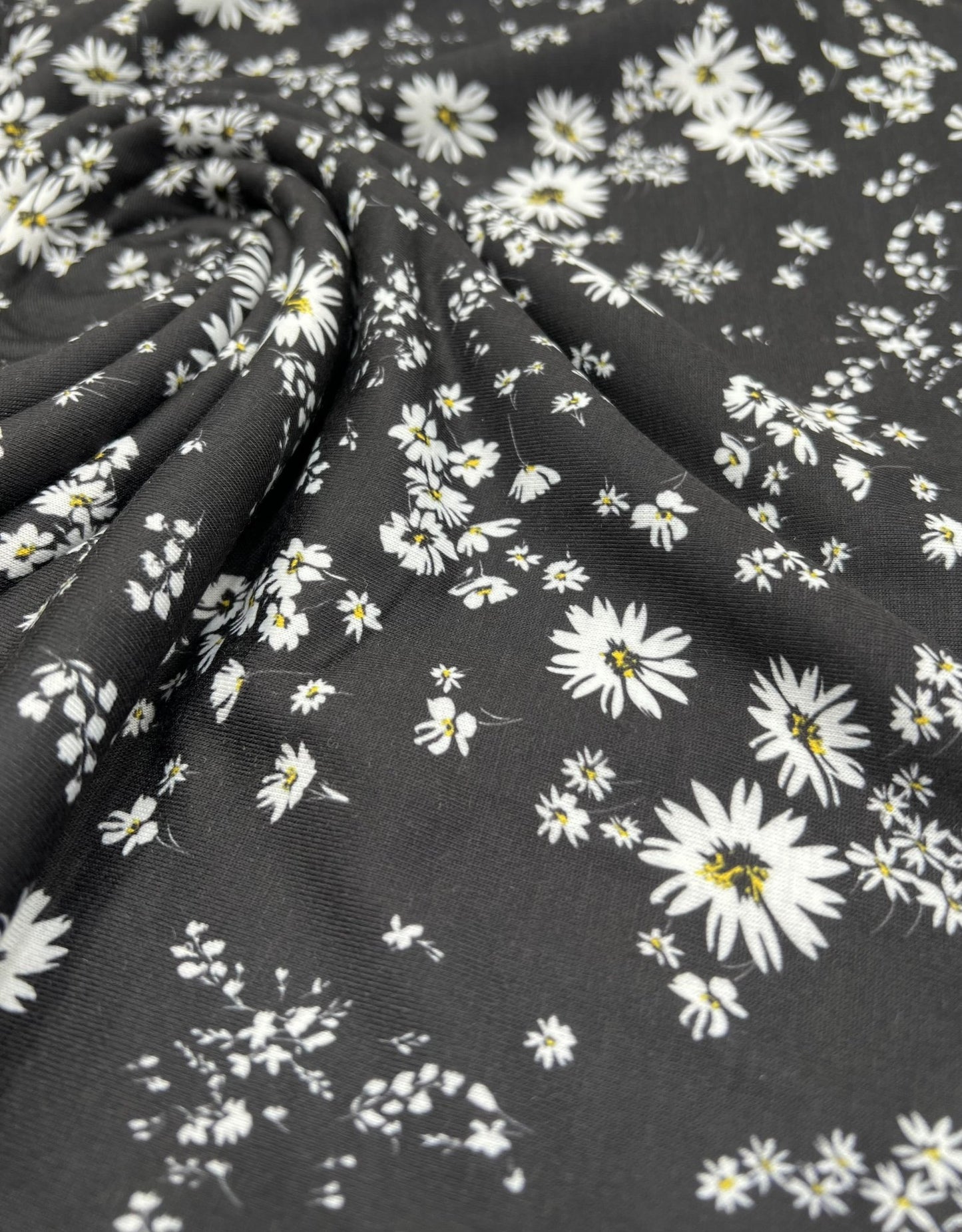 Daisy white black Print Spun Poly Stretch Fabric - T9 Fabrics