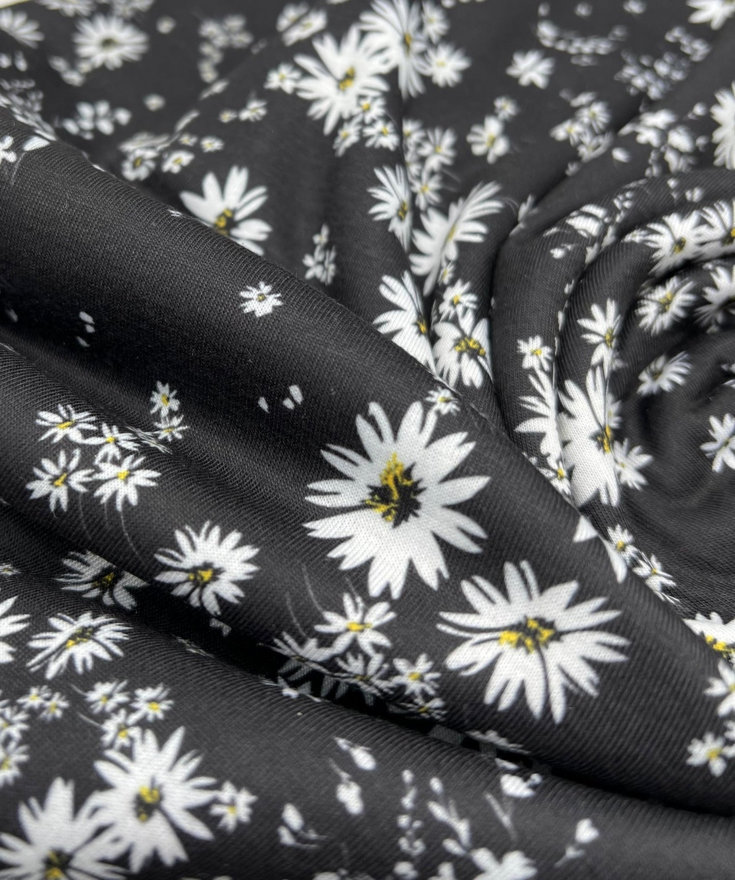 Daisy white black Print Spun Poly Stretch Fabric - T9 Fabrics