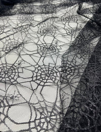 Dark Grey Black Cobweb Halloween Print Mesh Fabric Stretch - T9 Fabrics