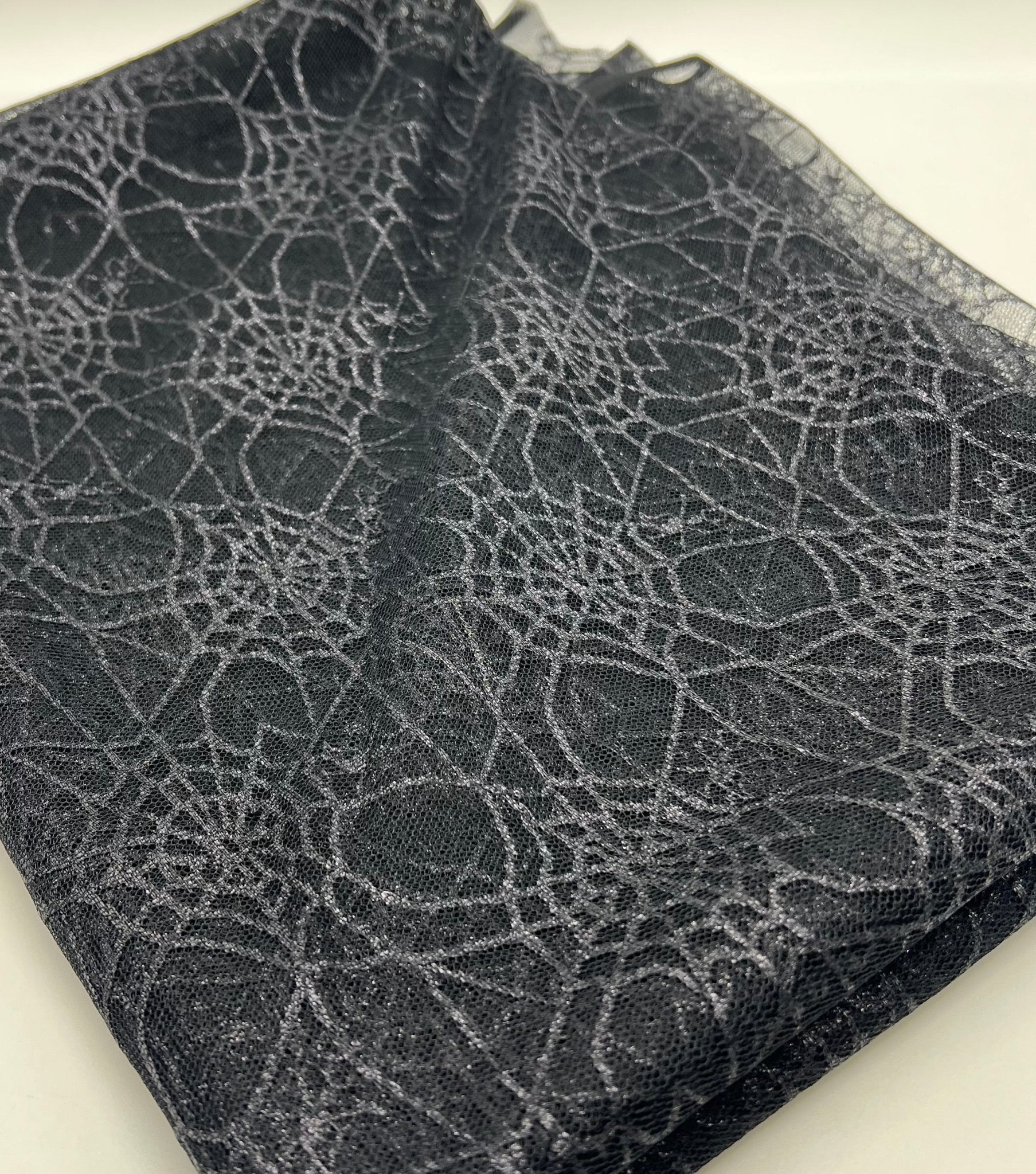 Dark Grey Black Cobweb Halloween Print Mesh Fabric Stretch - T9 Fabrics