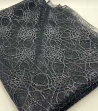 Dark Grey Black Cobweb Halloween Print Mesh Fabric Stretch - T9 Fabrics