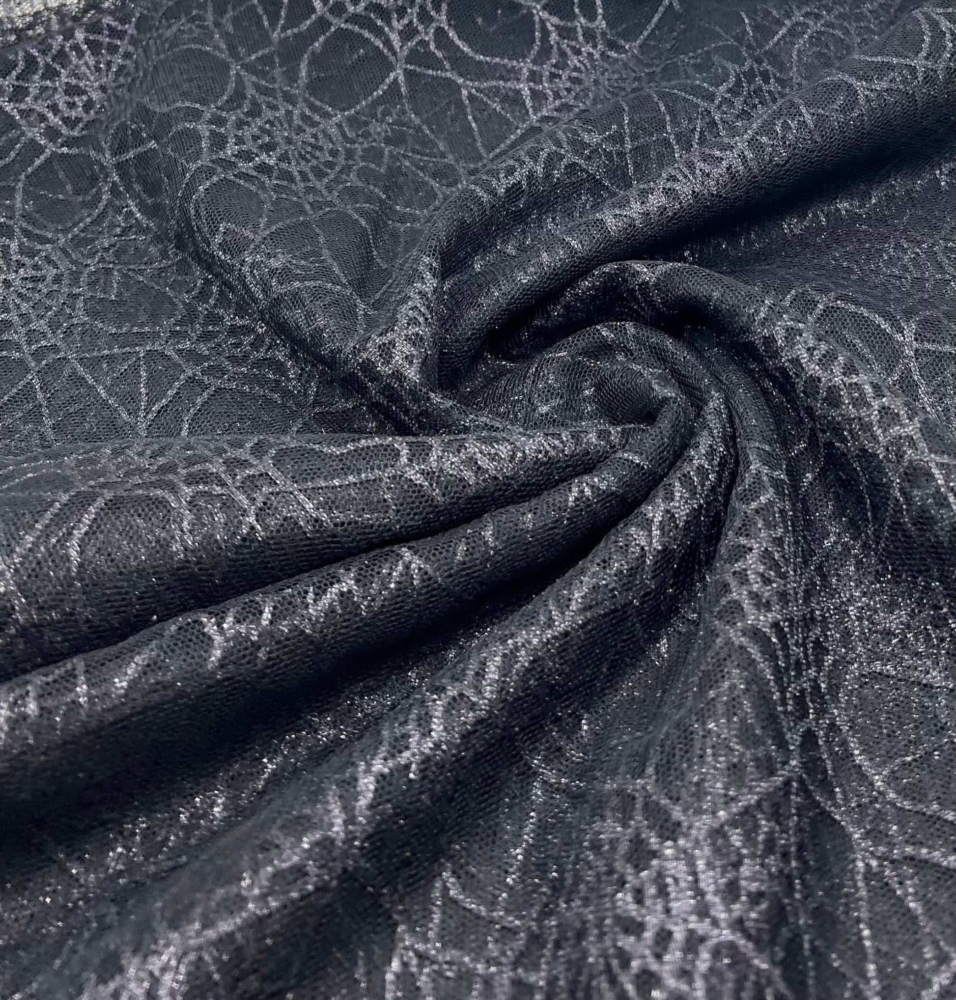 Dark Grey Black Cobweb Halloween Print Mesh Fabric Stretch - T9 Fabrics