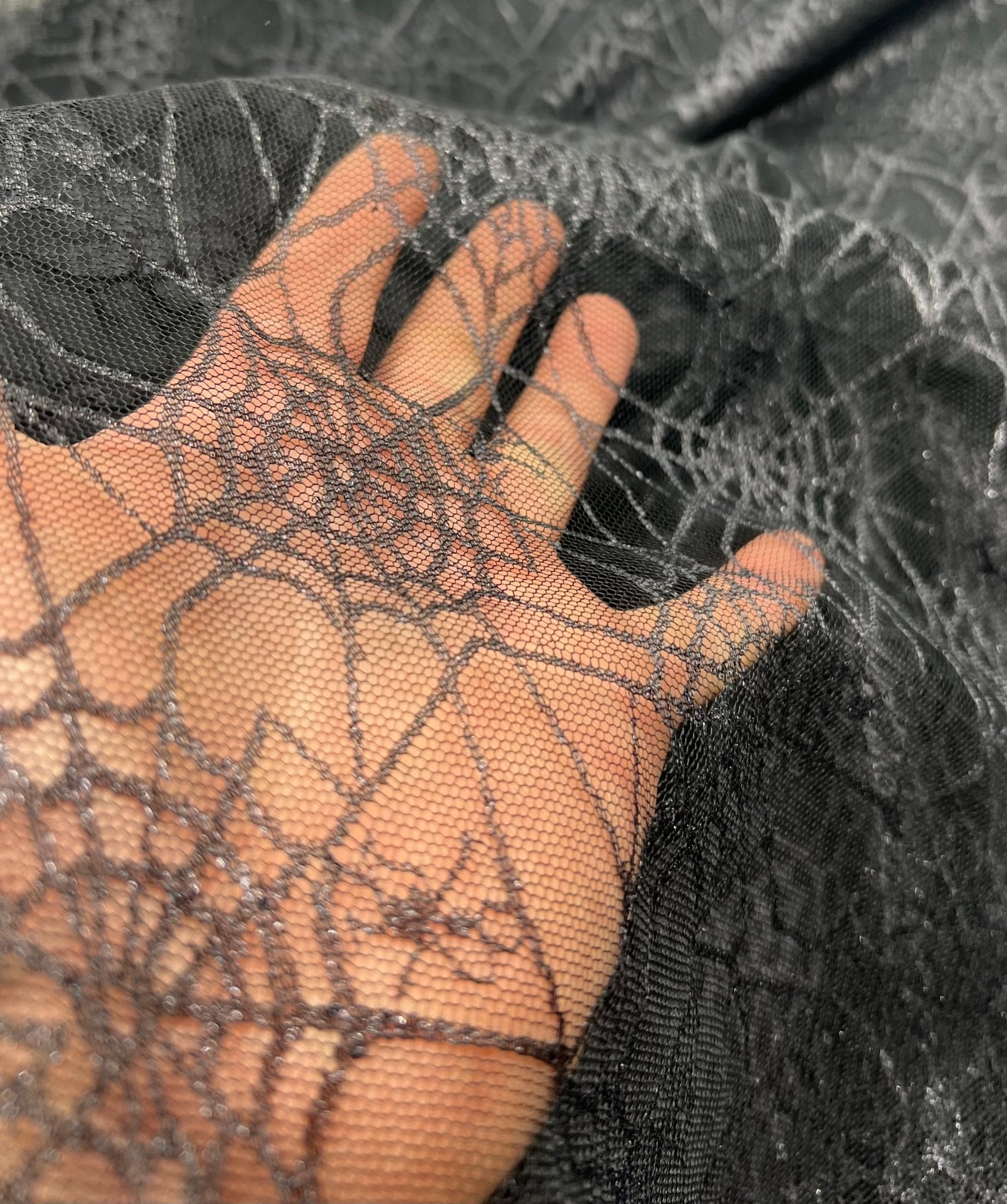 Dark Grey Black Cobweb Halloween Print Mesh Fabric Stretch - T9 Fabrics