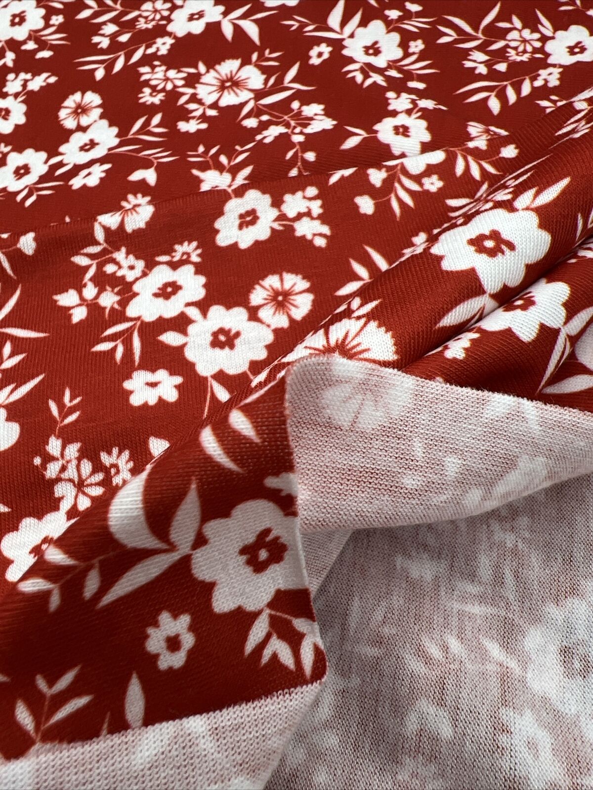 Dark Red Ditsy Floral Print Spun Poly Stretch Fabric - T9 Fabrics