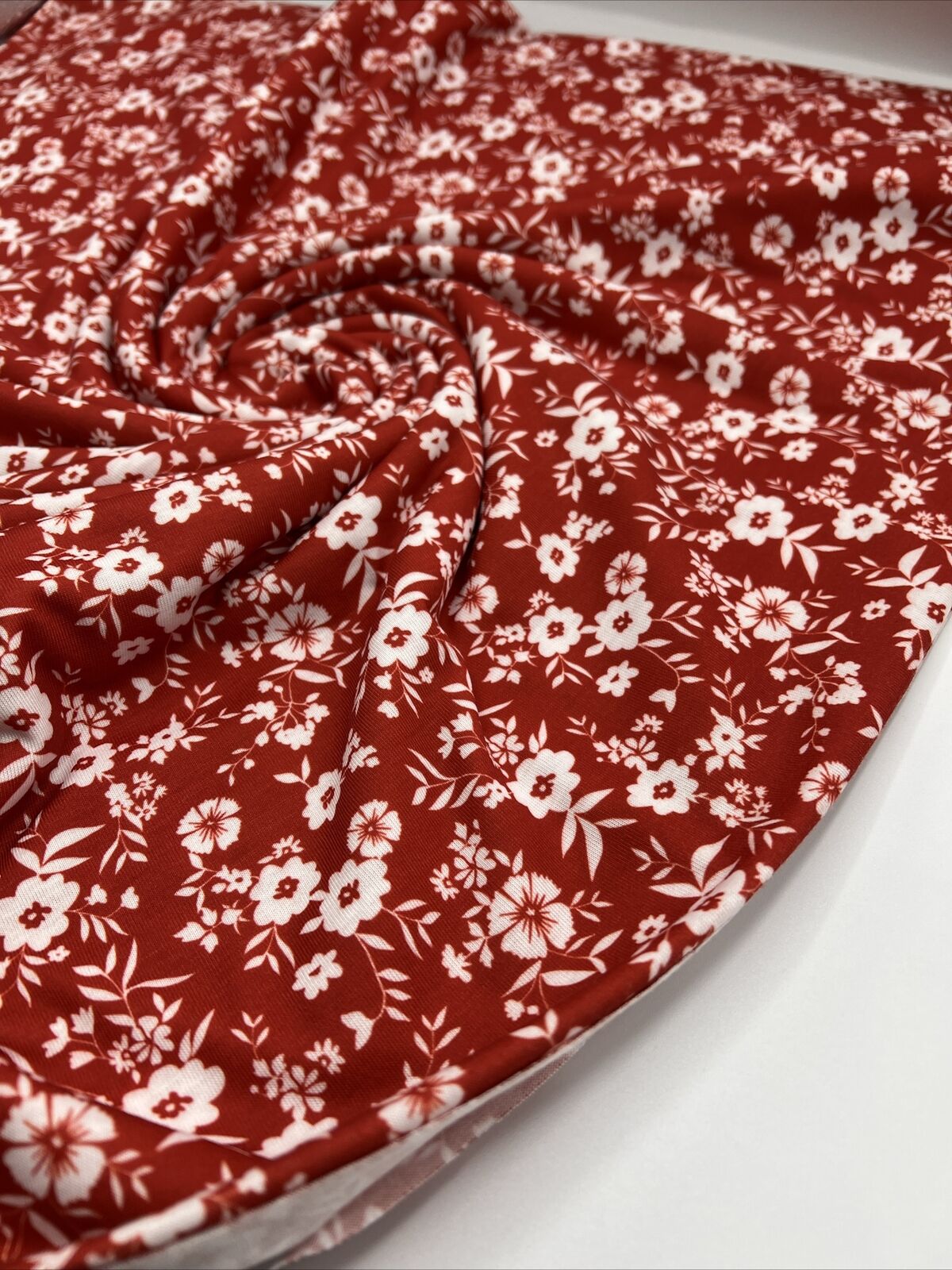 Dark Red Ditsy Floral Print Spun Poly Stretch Fabric - T9 Fabrics