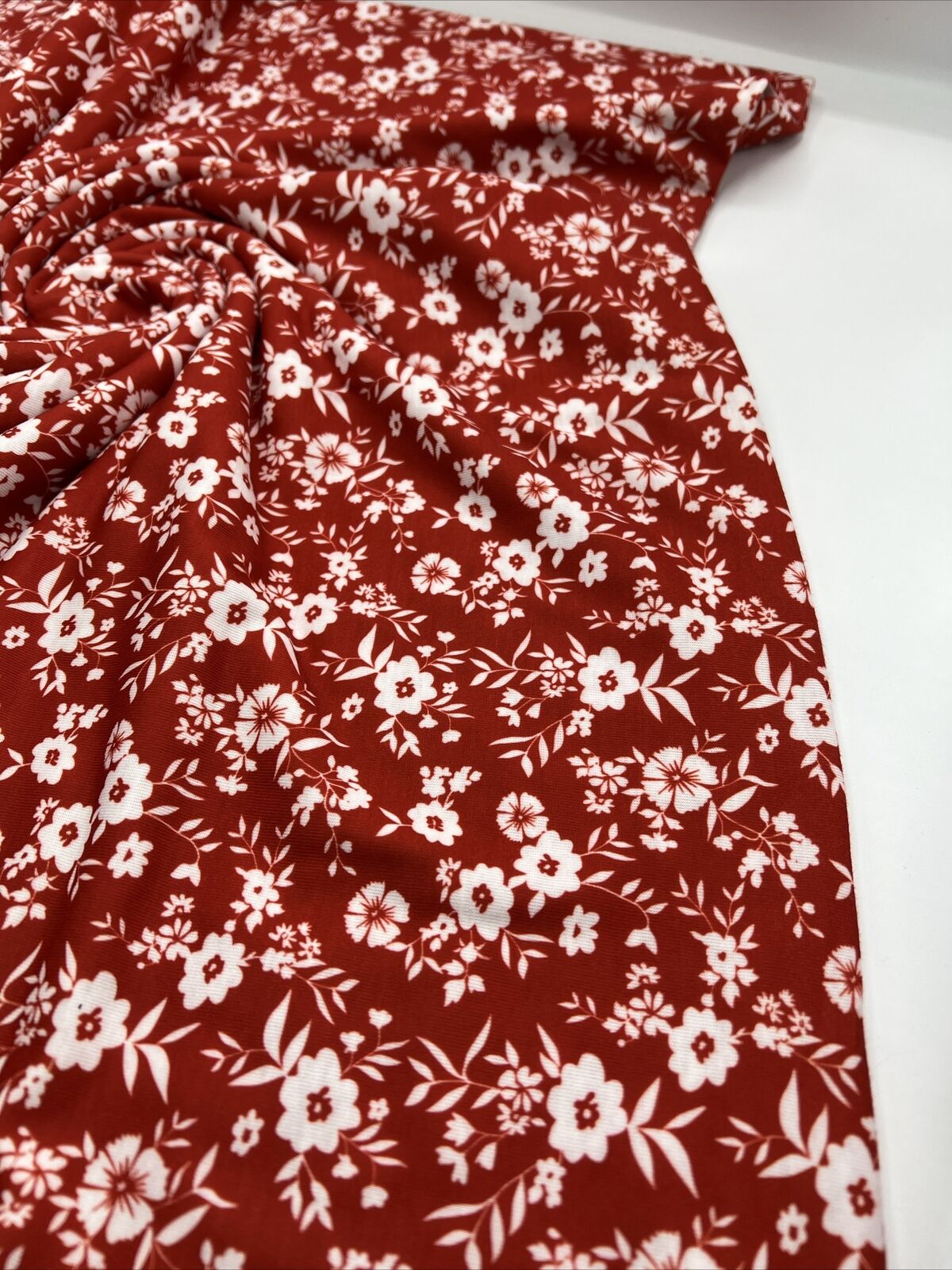 Dark Red Ditsy Floral Print Spun Poly Stretch Fabric - T9 Fabrics