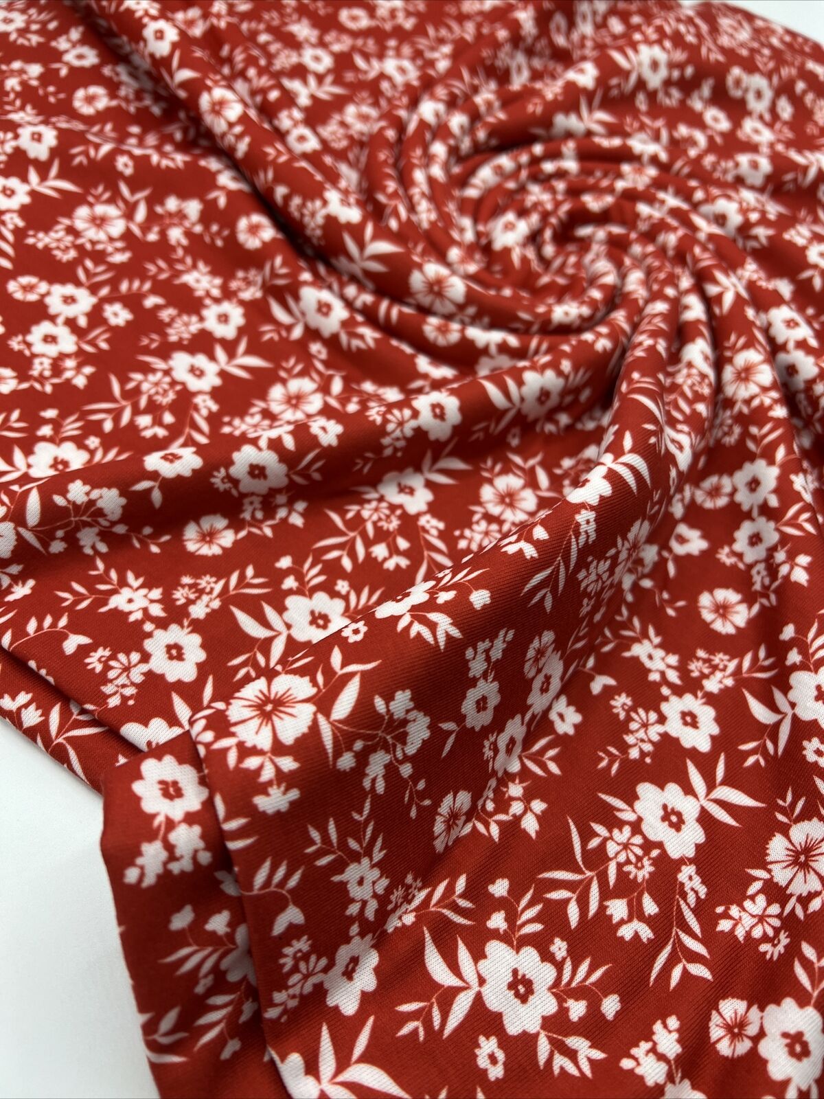 Dark Red Ditsy Floral Print Spun Poly Stretch Fabric - T9 Fabrics