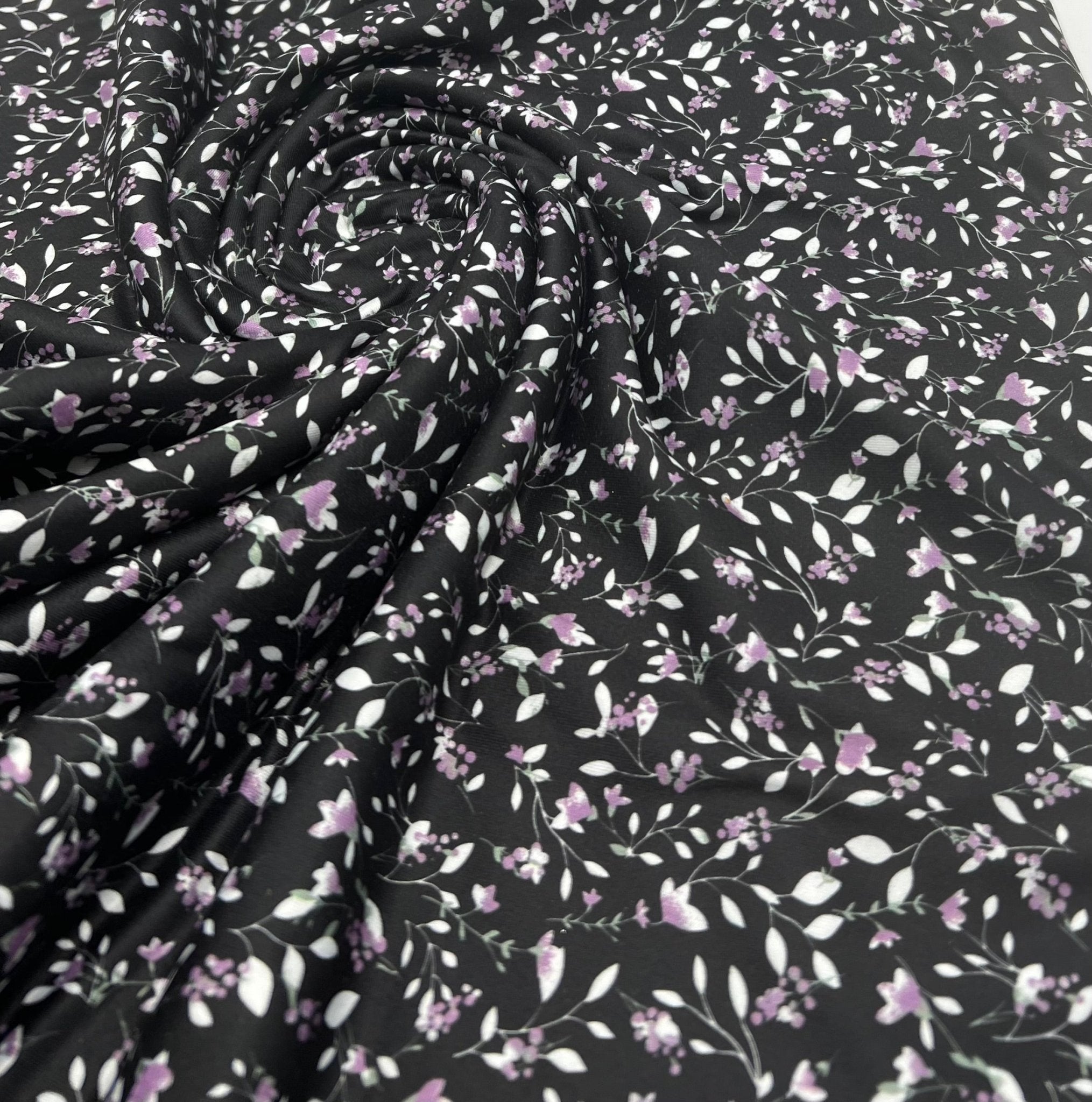 Delicate Violet Floral Print Spun Poly Stretch Fabric - T9 Fabrics