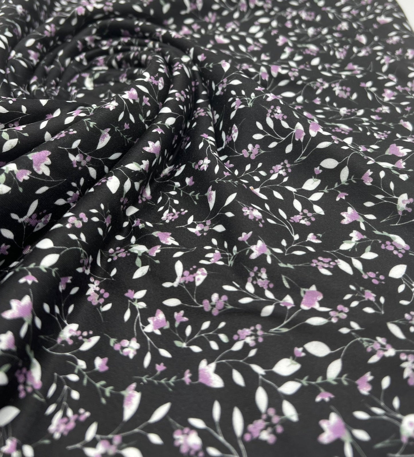 Delicate Violet Floral Print Spun Poly Stretch Fabric - T9 Fabrics